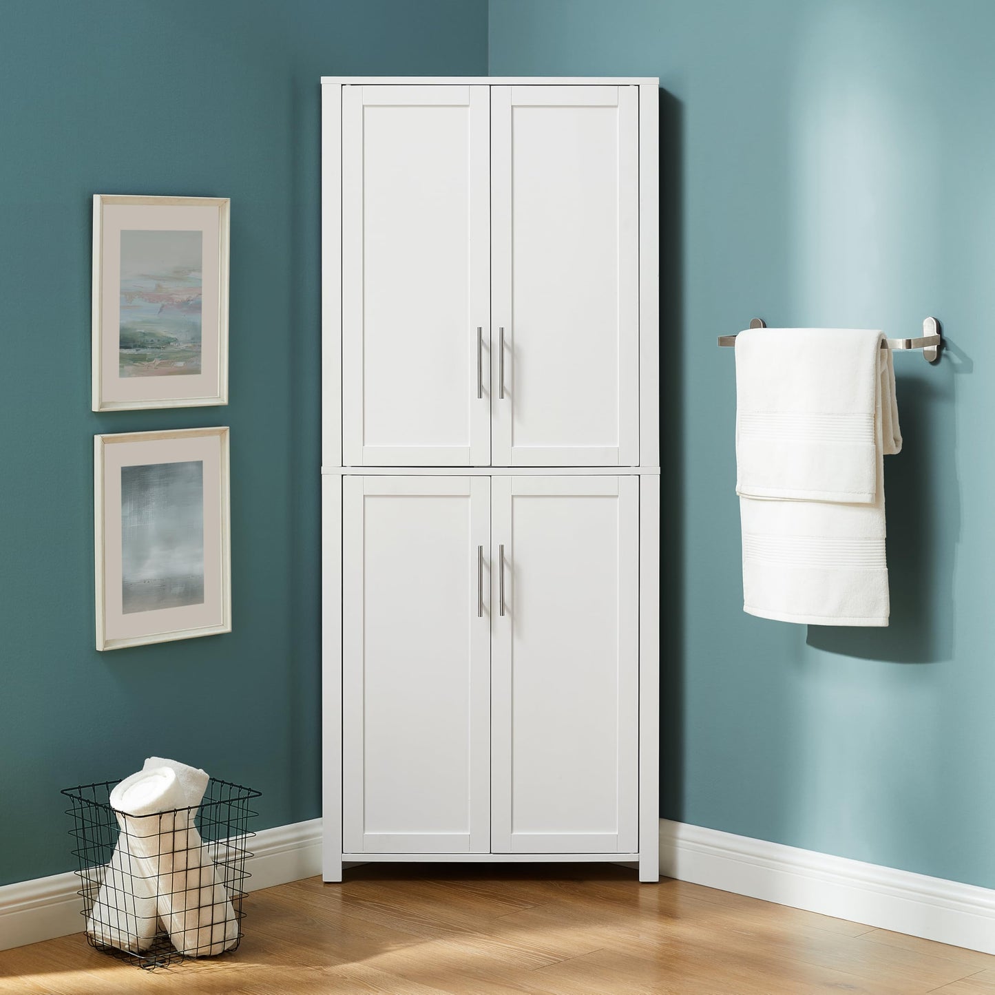 Crosley Furniture Savannah Traditional Corner Pantry Storage Cabinet with Shelves, Kitchen, Dining, Laundry, White