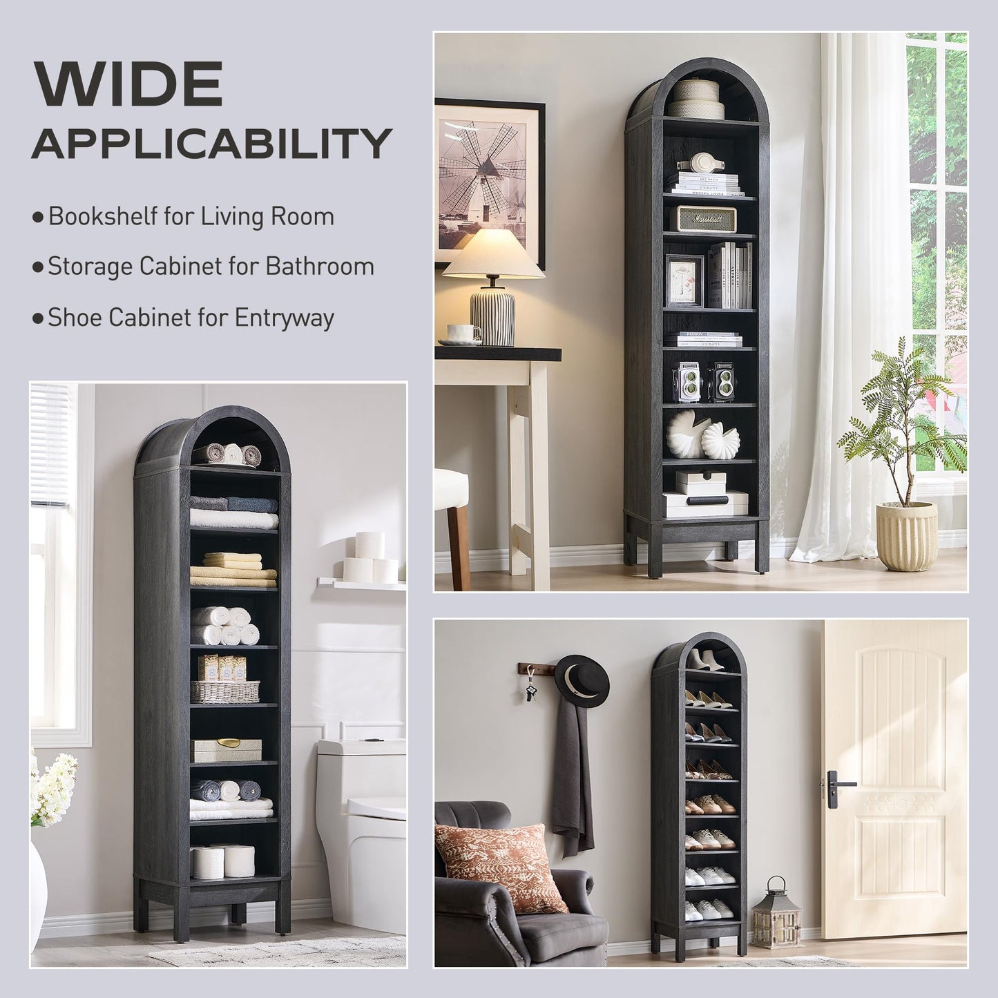 IFGET 71" Tall Arched Bookshelf, 8 Tiers Arch Bookcase with Storage, Modern Farmhouse Book Shelf with Adjustable Shelves, Wood Bookshelf w/Open Display Shelves for Living Room, Office (Dark Grey)