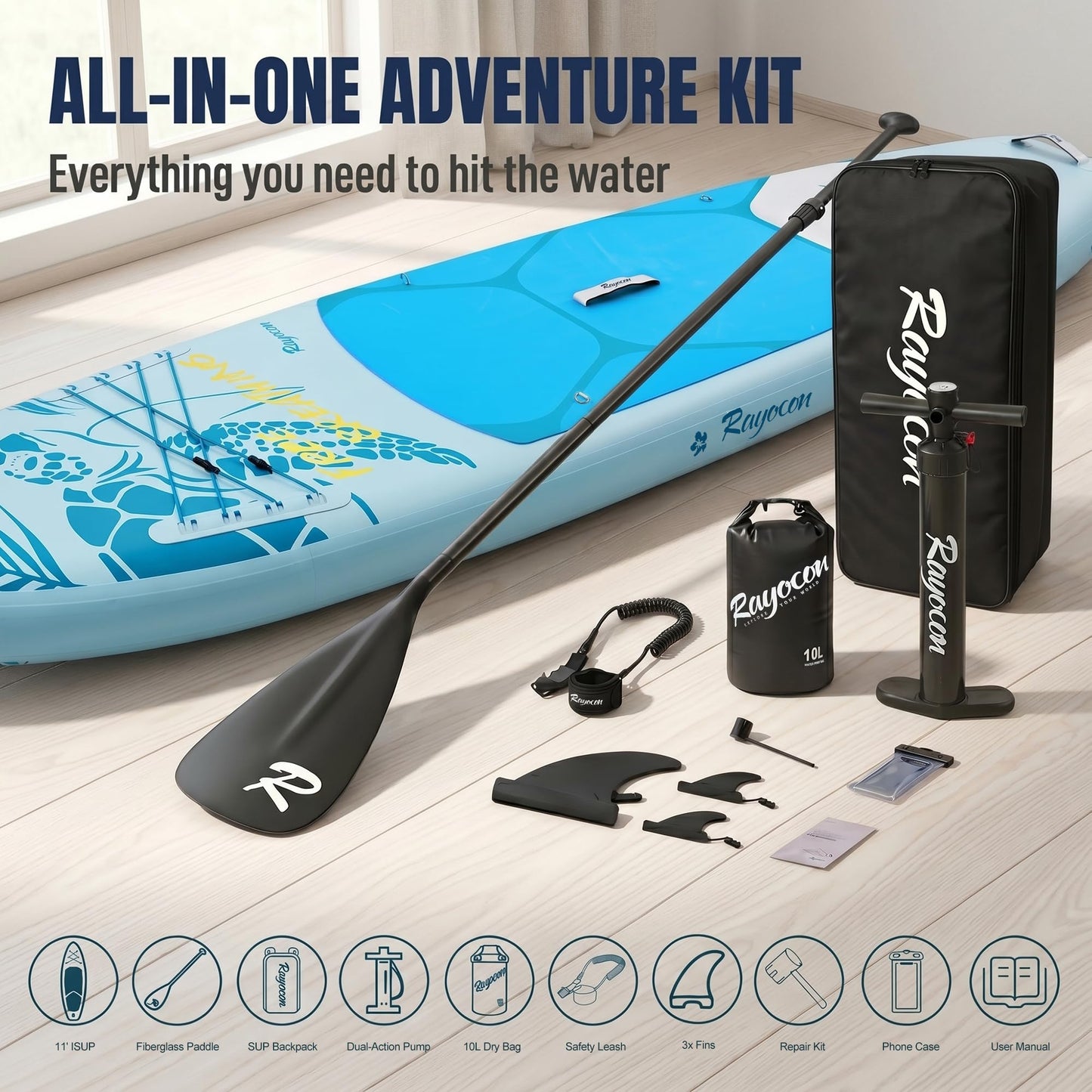 Inflatable Stand Up Paddle Board 11'×34" Extra Wide SUP, Ultra-Stable for Adults & Dog, 450lbs, Dual Chamber Pump, Fiberglass Paddle, Military Grade Dual Layer, Sea Turtle Guardian Design