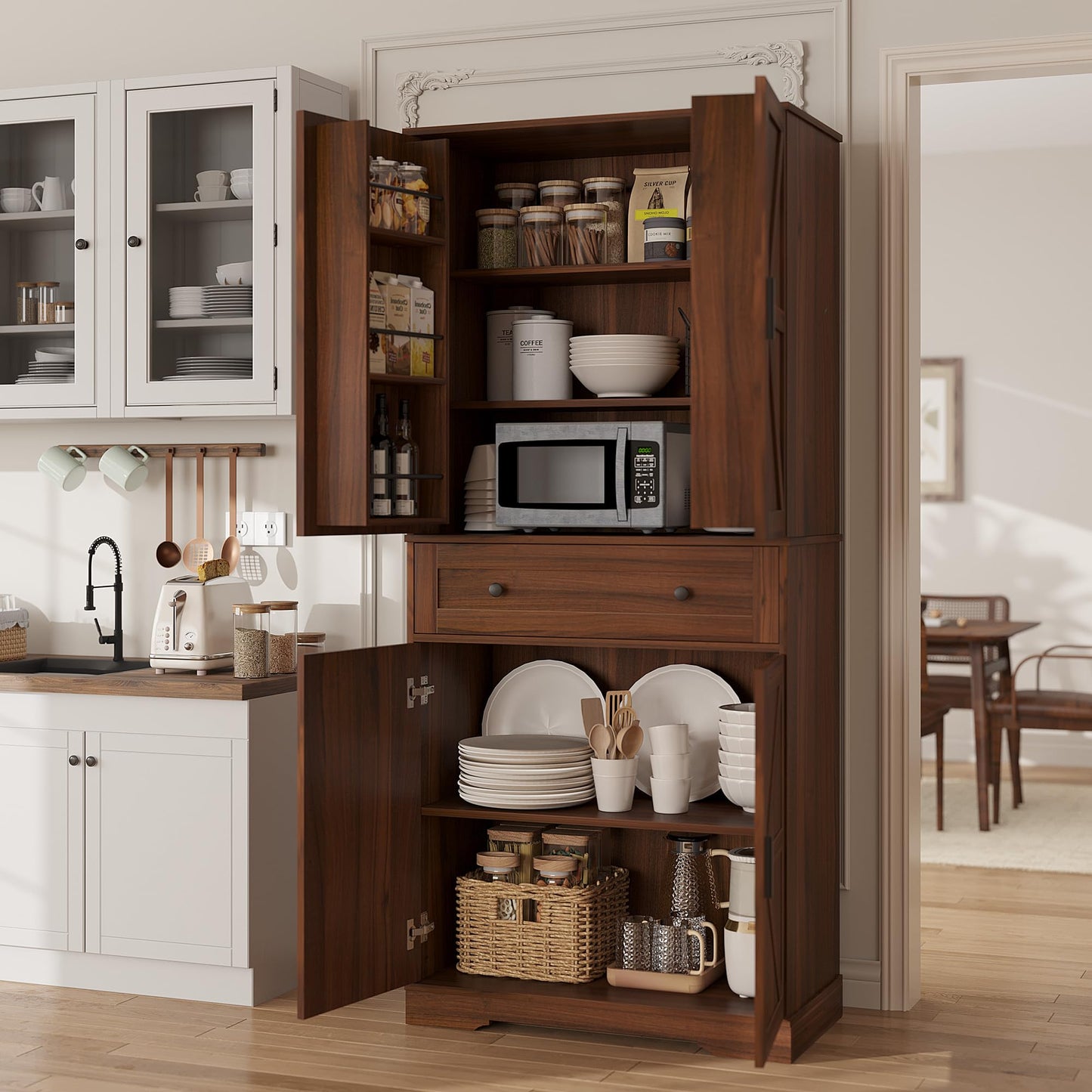 Garvee 71" Kitchen Pantry Cabinet, Barn Door Freestanding Cupboard with Drawer, Sliding Storage Rack, and 6 Hanging Shelves for Kitchen, Dining Room, Living Room Bedroom
