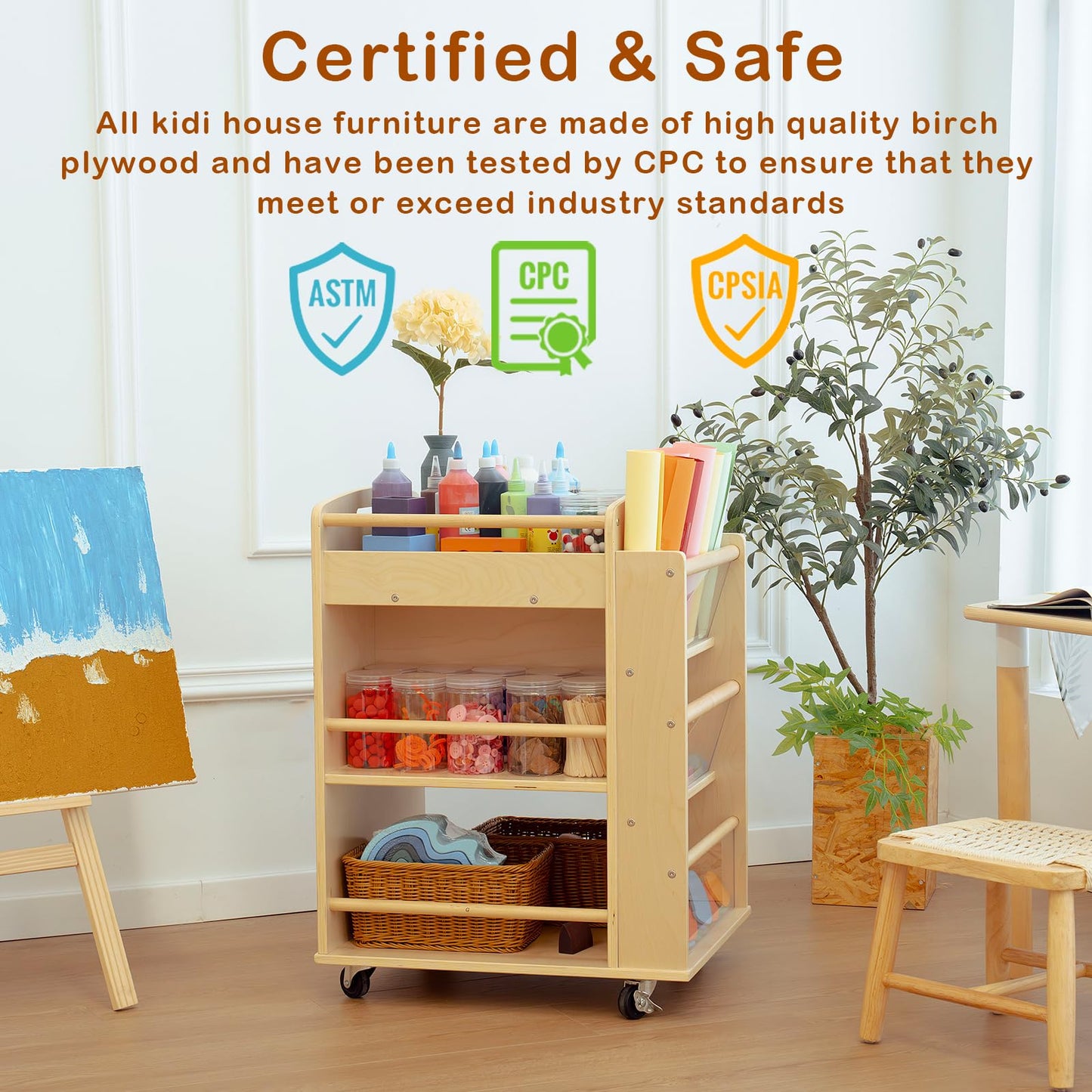 kidi house Art Activity Cart Wooden Rolling Utility Cart with Wheels 3-Tier Art Cart Organizer for Kids Multi-Functional Movable Birch Storage Cart Art and Crafts Supply Shelf Montessori Furniture