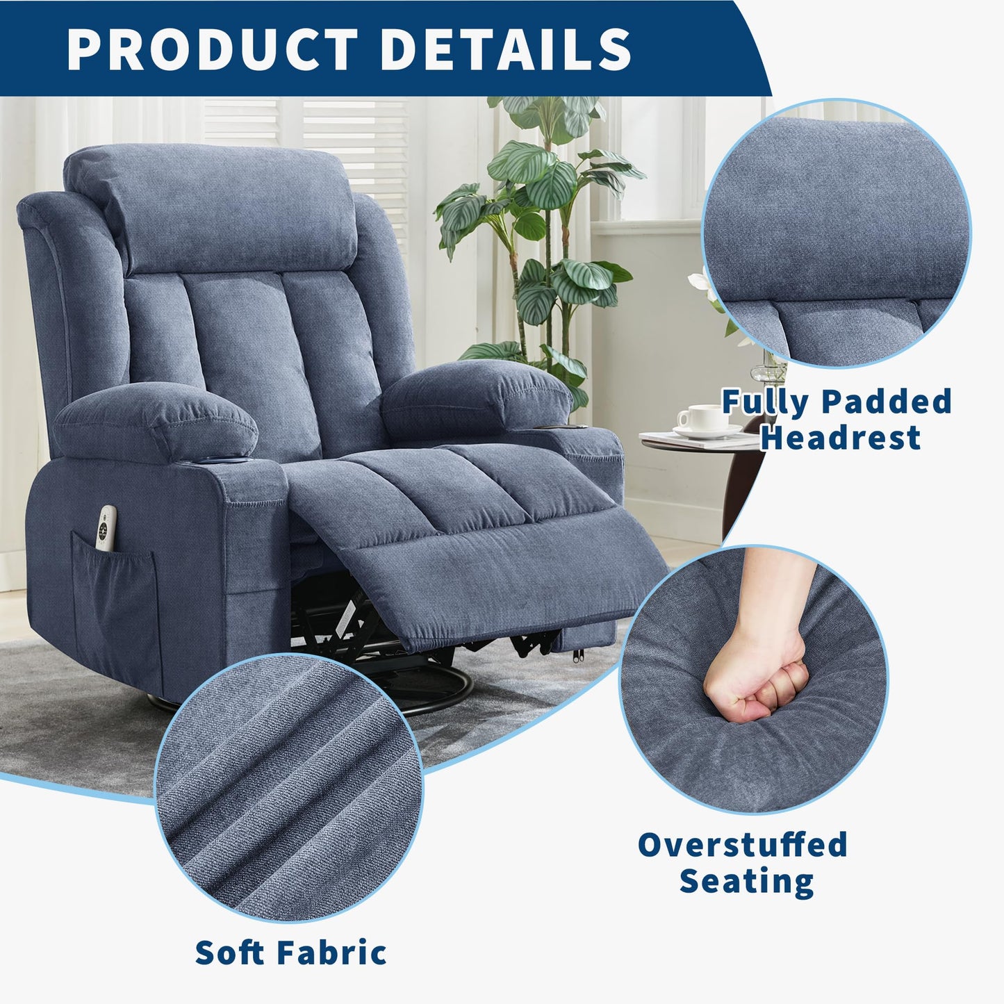 GarveeLife Rocking Recliner Chair for Nursery Glider Recliner with Cup Holder Swivel Rocker with Upholstered Deep Seat Comfy Single Sofa for Living Room Blue