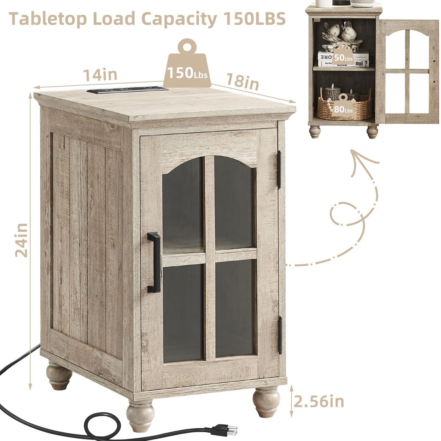 RWYHG Farmhouse End Table Set of 2 with Charging Station, 18'' Narrow Side Table and 24" Large Sofa Table with Glass Barn Door Storage, Wood Night Stand Bedside Cabinet for Living Room,Bedroom