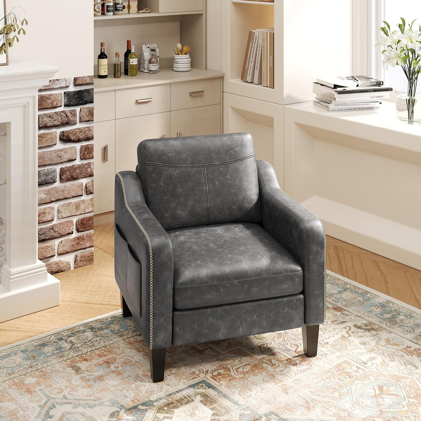 MALOL PU Leather Accent Chair Set of 2, Mid-Century Modern Living Room Armchair Sofa with Removable Cushions, Solid Wood Frame & Stitched Armrest Design, Bedroom Chair with Plastic Legs, Black