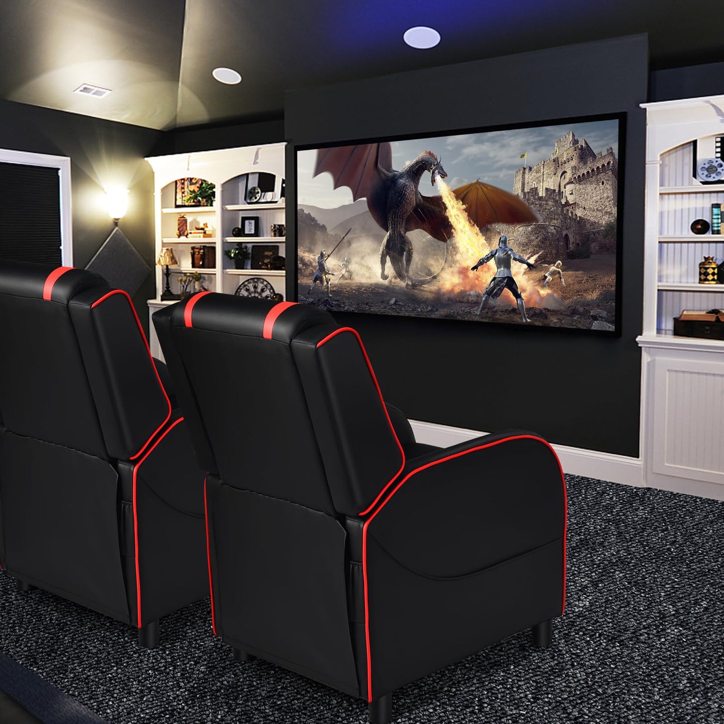 GYMAX Gaming Recliner, Massage Gaming Chair with Adjustable Footrest, Remote Control & Side Pocket, Ergonomic Game Lounge Chair, Racing Style Single Theater Seat Game Sofa for Adults (Red)