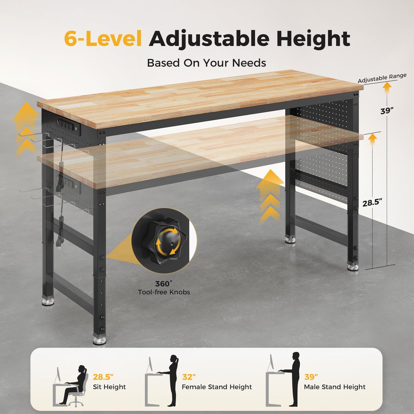 CAMMOO 60" Adjustable Heavy Duty Workbench, 2000 LBS Load Capacity Rubber Wood Work Table with Pegboard, Power Outlets, Work Bench for Garage, Workshop, Office, Home, Commercial