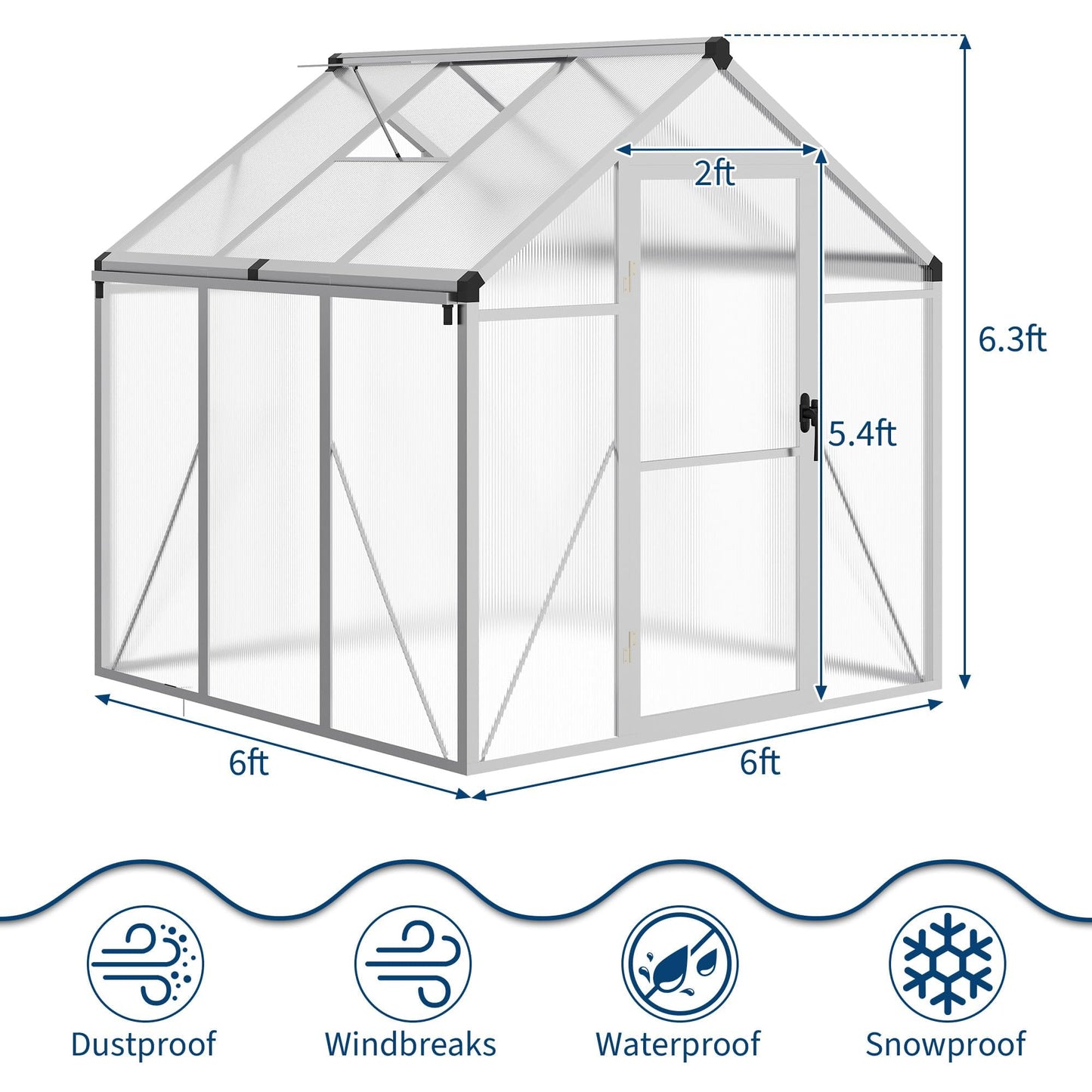 6 x 6 FT Greenhouse, Outdoor Greenhouses, Polycarbonate Panels with Aluminum Frame, Adjustable Roof Vent and Lockable Door, Green Houses for Outside Backyard, Garden, Patio