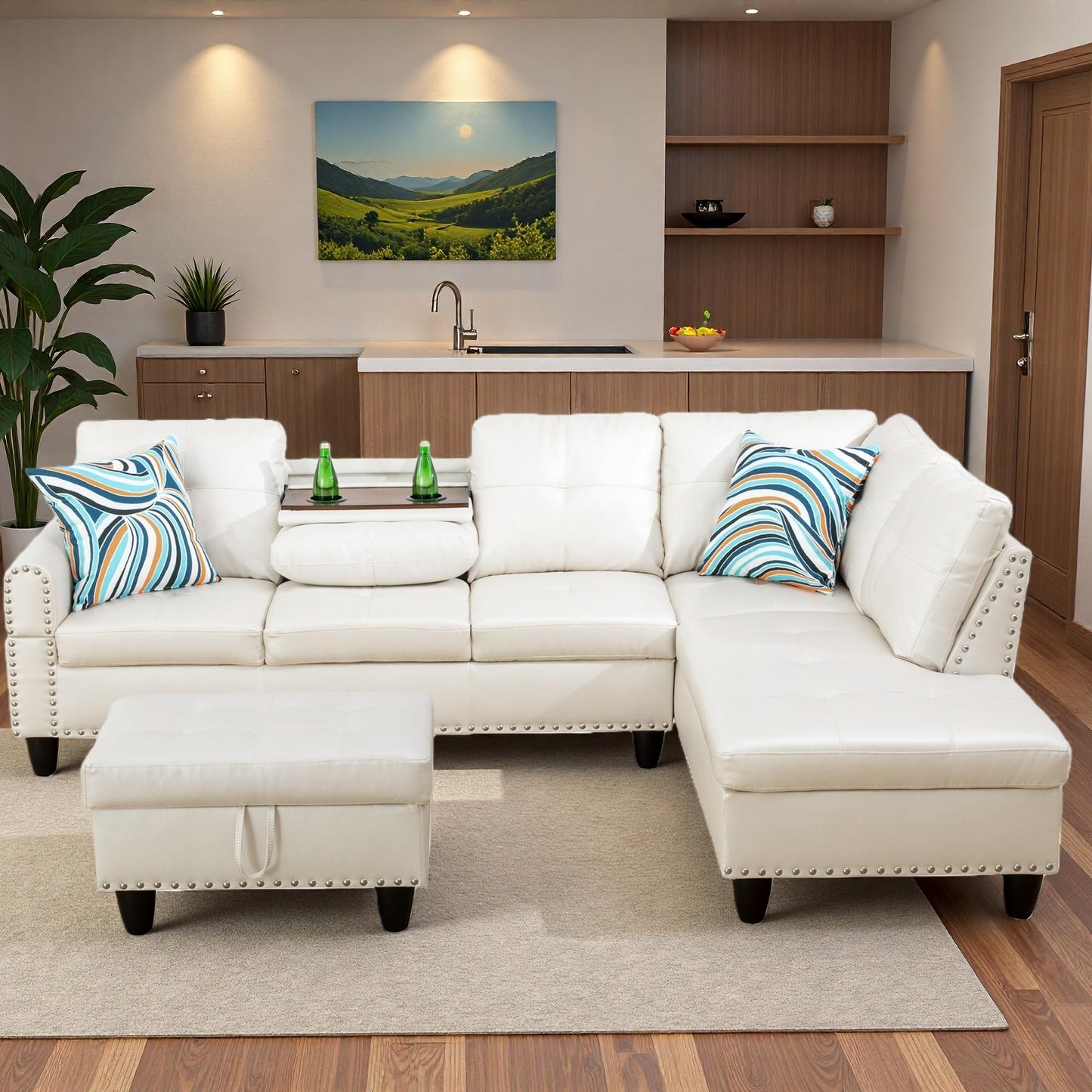 Topcomfy L Shaped Sectional Couches for Living Room with Movable Chaise & Storage Ottoman - 97.5" Leather V Shaped Couches for Apartment, Home Modular Sectional Sofas with Cup Holder, White