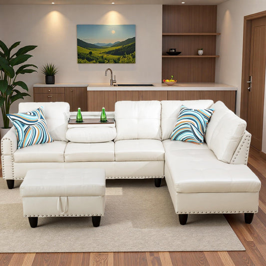 Topcomfy L Shaped Sectional Couches for Living Room with Movable Chaise & Storage Ottoman - 97.5" Leather V Shaped Couches for Apartment, Home Modular Sectional Sofas with Cup Holder, White