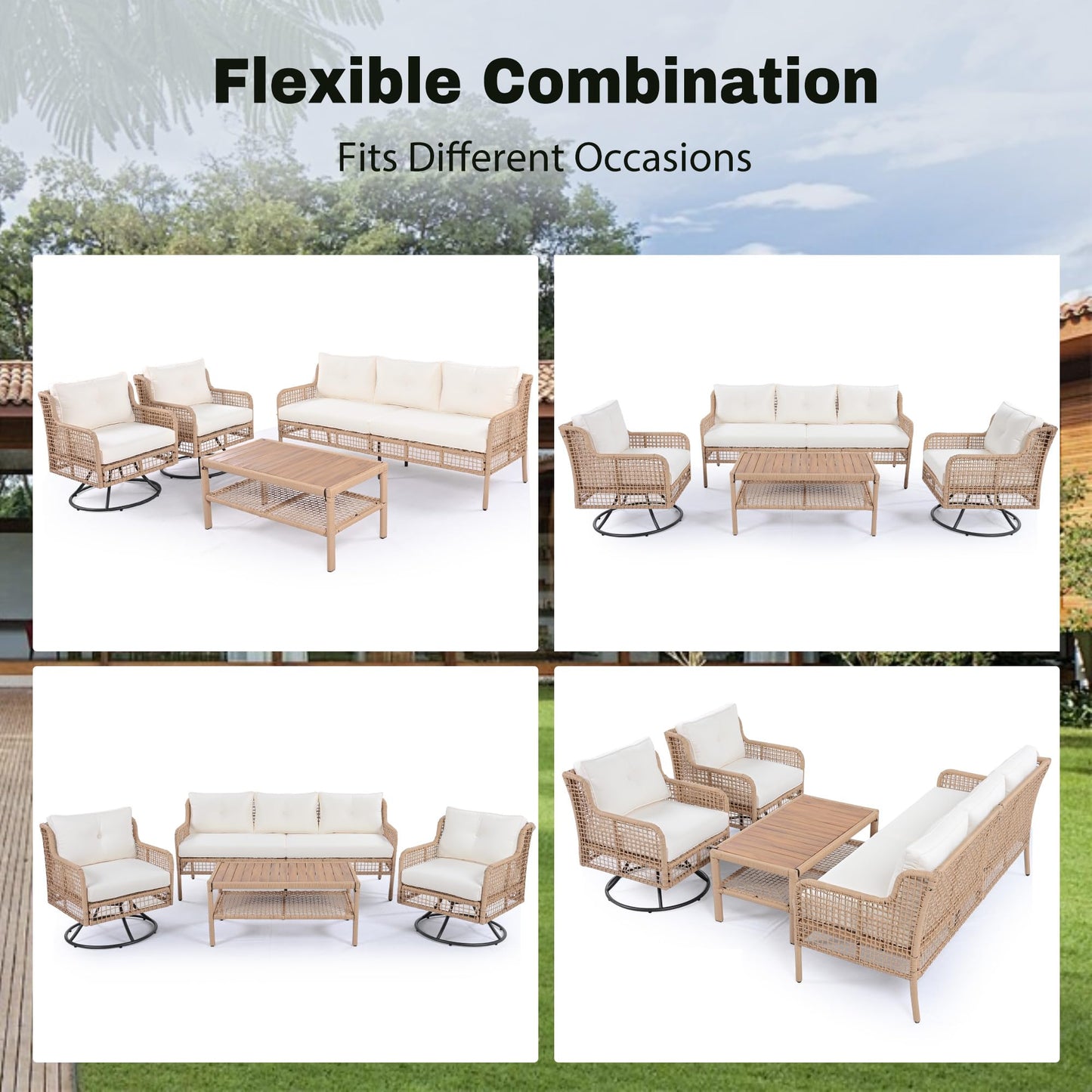 Merax 4 Pieces Patio Furniture Set for 5-Person, 2 Swivel Chairs + 3 Seater Couch Sofa + Rectangle Coffee Table, Sectional Rattan Wicker Outdoor Conversation Set for Poolside Backyard Deck, Beige