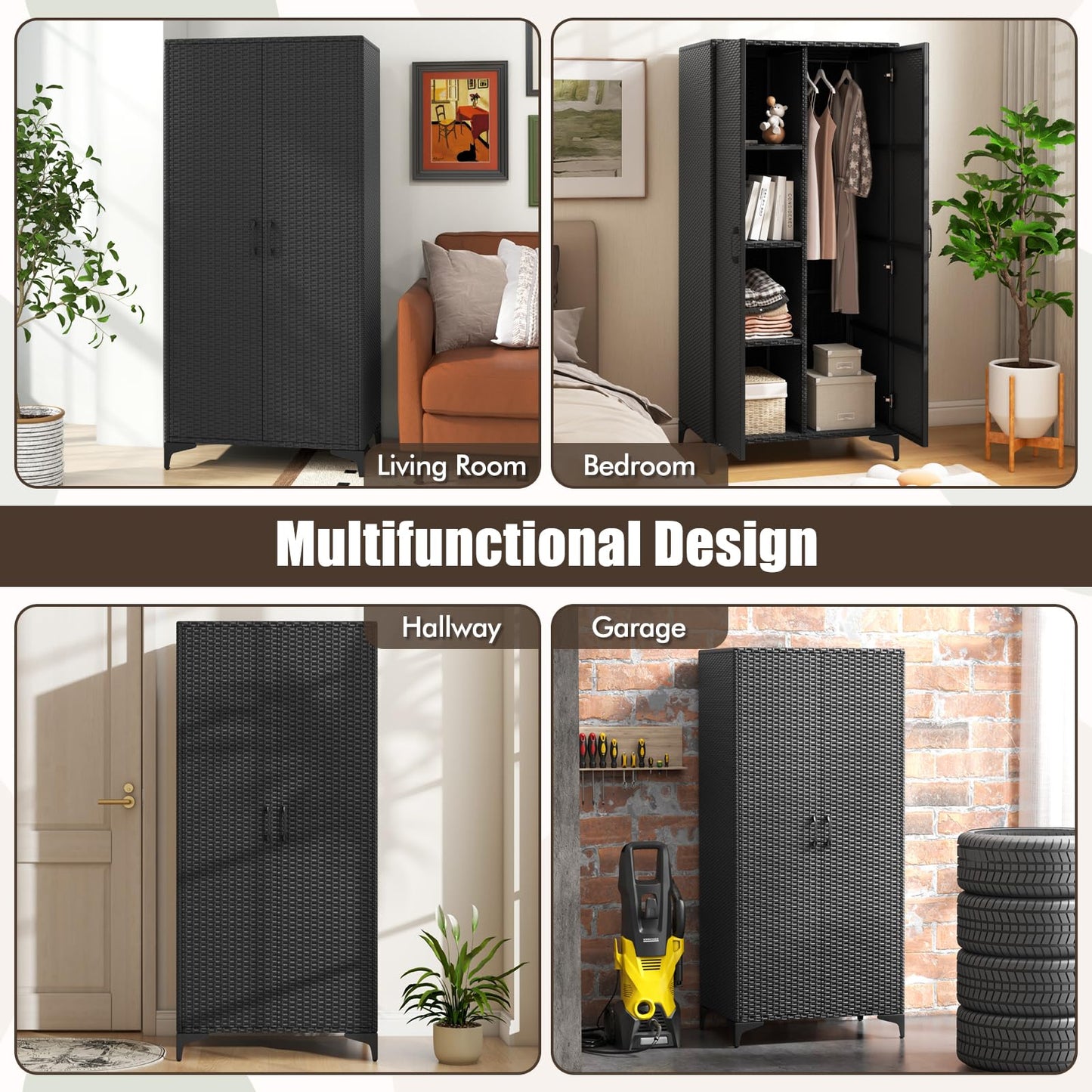 Giantex Wicker Storage Cabinet, 62” Tall Pantry Cabinet with 2 Doors, Hanging Rod, 4 Storage Cubes, Metal Legs, Anti-Tipping Device, PE Rattan Storage Cabinet for Home Office, Garage Cabinets (Black)