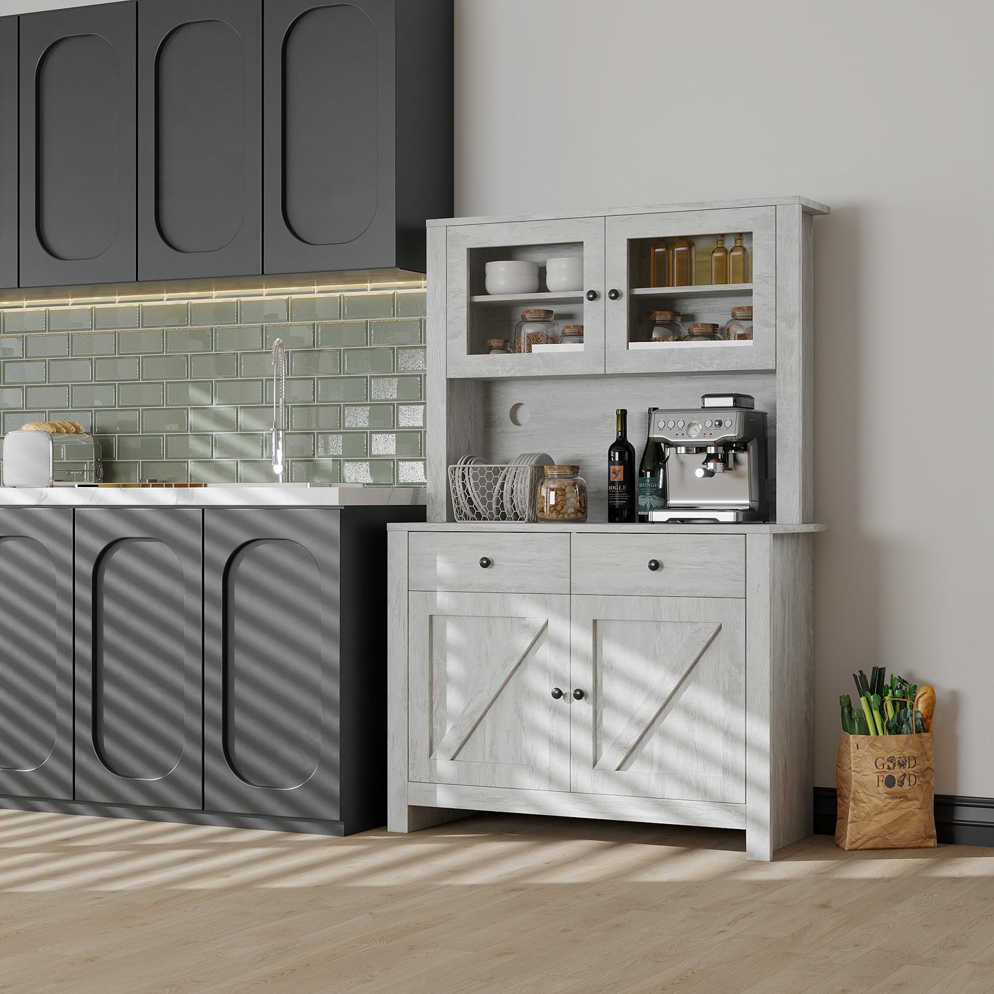 IDEALHOUSE Modern Kitchen Pantry Cabinet, Microwave Storage Stand, Engineered Wood Food Organizer Cabinet with Multi Compartments, for Home Kitchen Dining Area, Gray