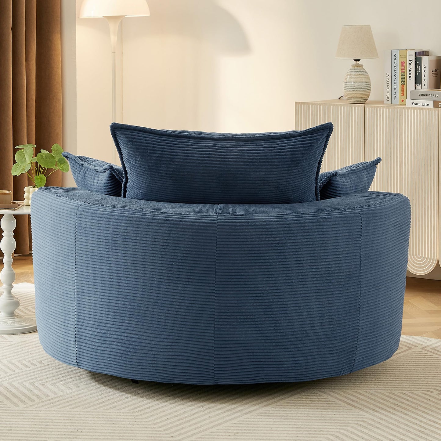 Merax 360° Swivel Sofa Chair, 57.5" Swivel Accent Barrel Chair with Dual-Layer Cushion Design, Modern Corduroy Leisure Sofa Round Chaise Lounge with 3 Removable Pillows for Living Room, Bedroom