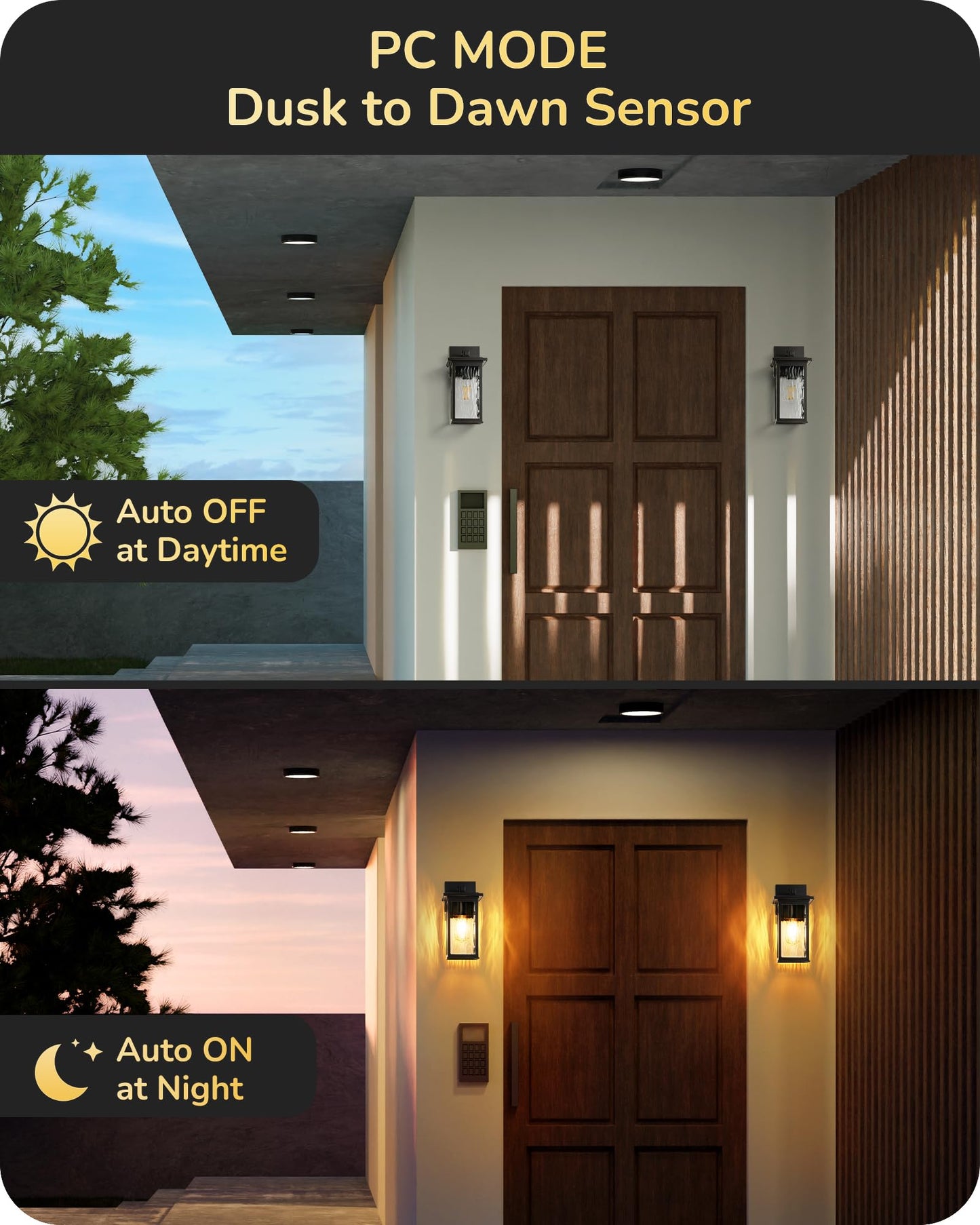 EDISHINE Outdoor Wall Light, Modern Dusk to Dawn Fixture, Aluminum, Black, Clear Water Ripple Glass, Model HOWL06T