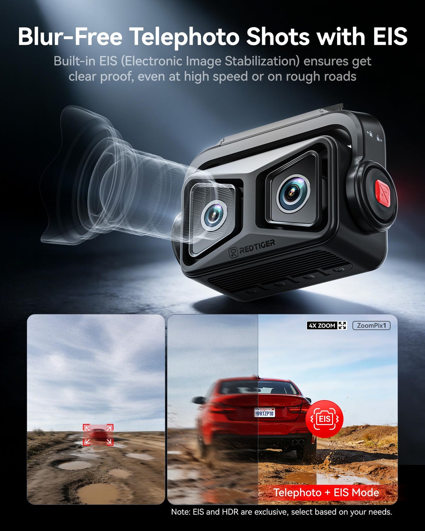 REDTIGER ZP1 Dash Cam Front and Rear, Telephoto+Wide Front Lenses for 100ft Plate Recognition, 4X Zoom, 2K+1080P Recording, Dual STARVIS 2, HDR Night Vision, 5.8GHz WiFi, Voice Control, Loop Recording