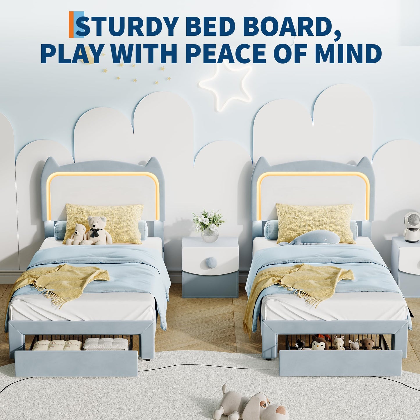 Garvee Twin Upholstered LED Bed Frame with Storage Drawer & Cute Cat Headboard, Velvet Princess Platform Bed Frame with Sturdy Wood Slats Support for Girls/Kids, No Box Spring Needed, Blue