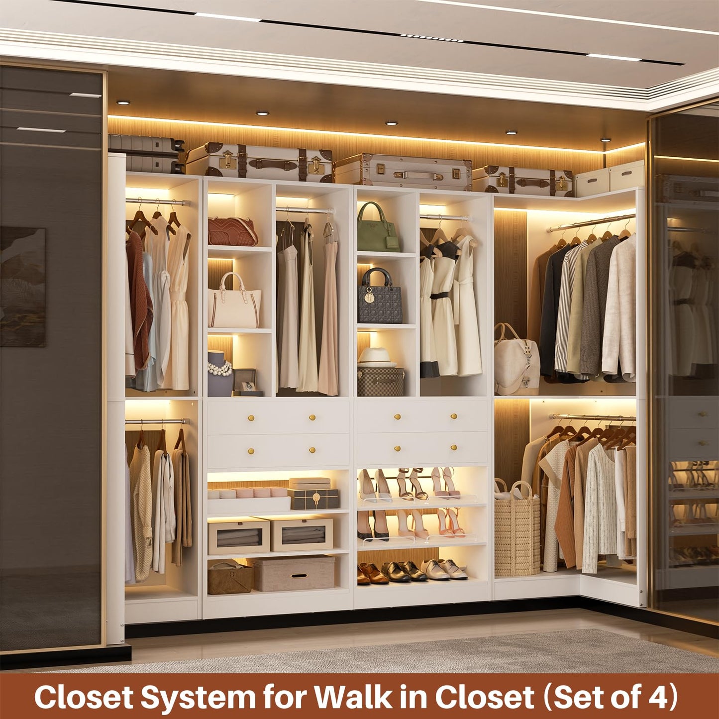 Besiost Closet System with 4 Drawers & Corner Tower, Closet Organizer System with 4 Hanging Robs, Reversible U Shaped Walk-in Closet System, Load 2600+LBS Capacity, Set of 4, White