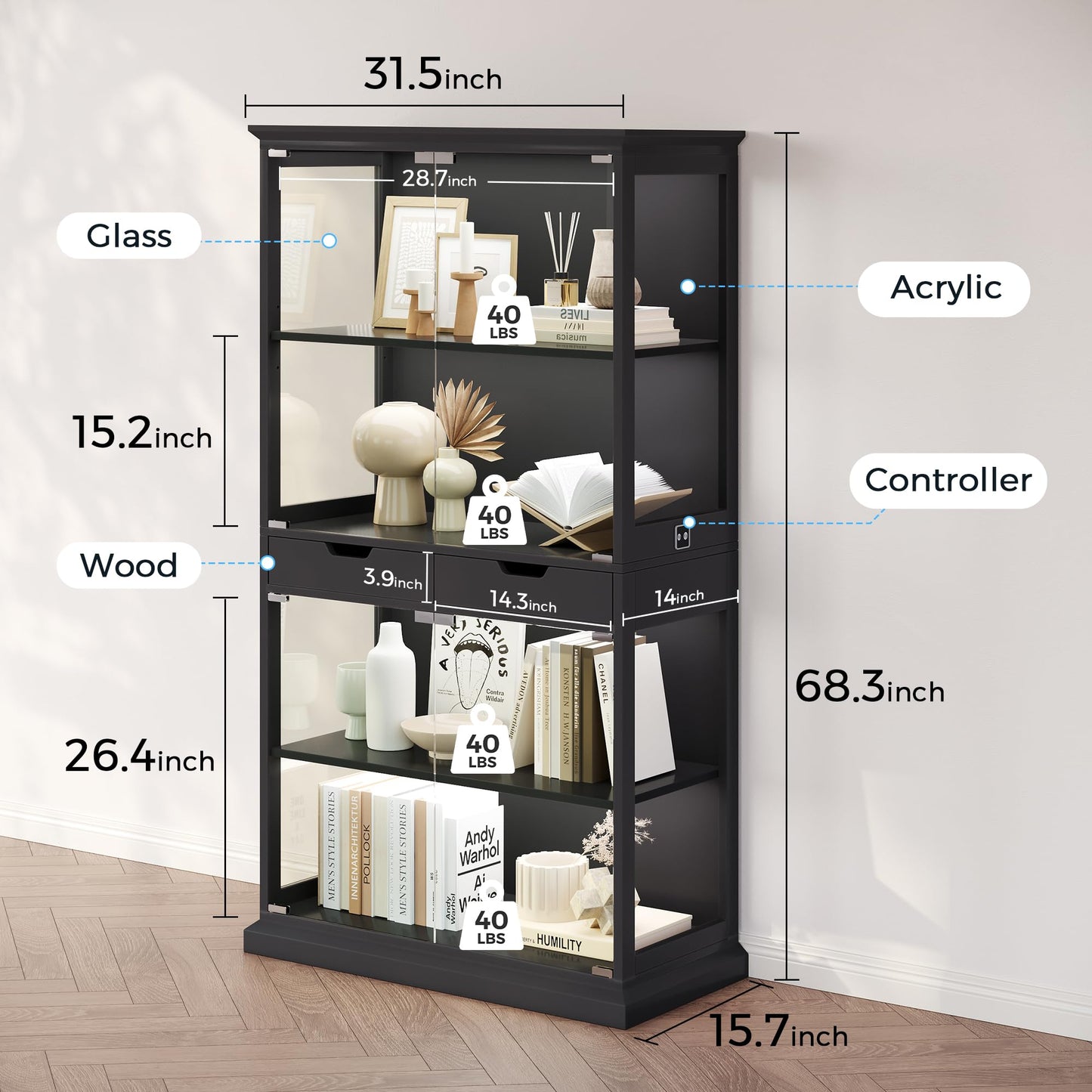 Jocoevol Display Cabinet with Glass Doors, 4-Tier Curio Cabinet with with 2 Drawers for Collectibles, Modern Glass Display Case Human Body Sensor & RGB Lights for Living/Game Room