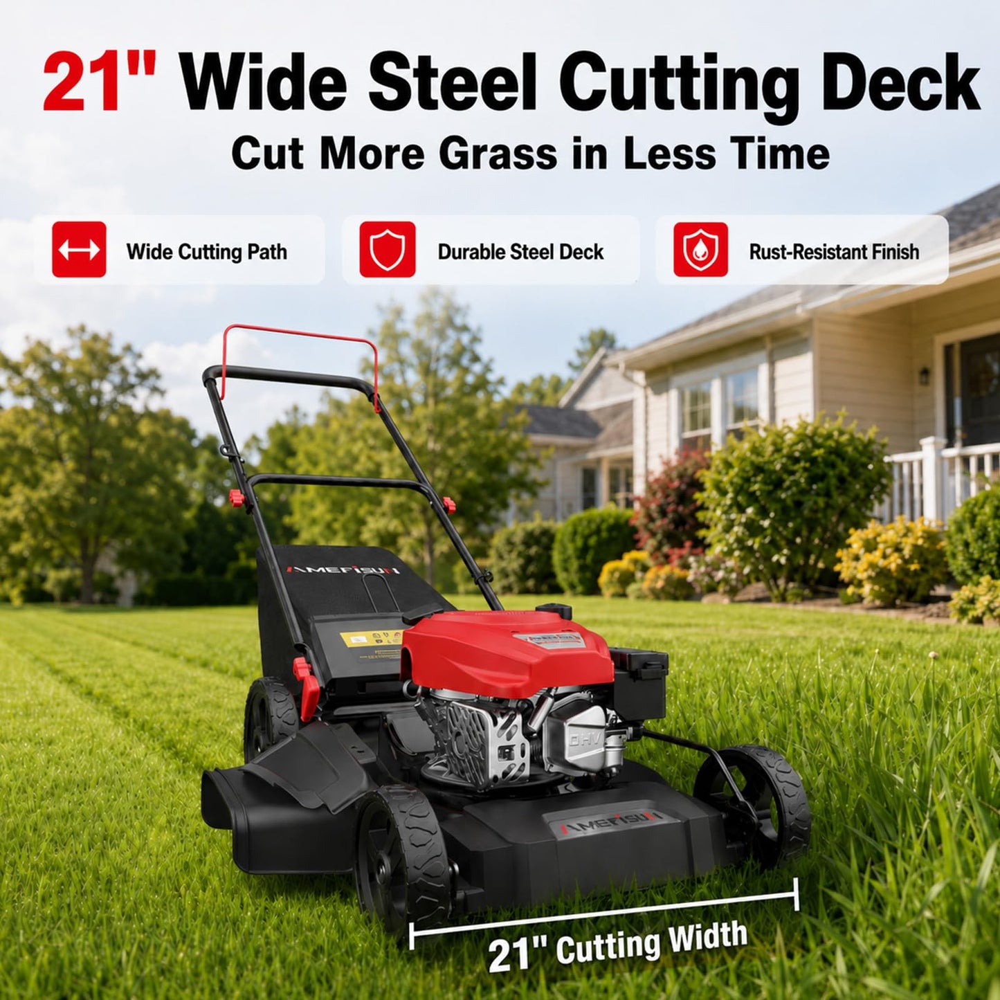 AMERISUN 21-Inch Gas Push Lawn Mower for Large Yard, 144cc 4-Stroke Engine, 6-Position Adjustable Cutting Height, 3-in-1 Mulching, Side Discharge & Rear Bag for Garden Landscaping