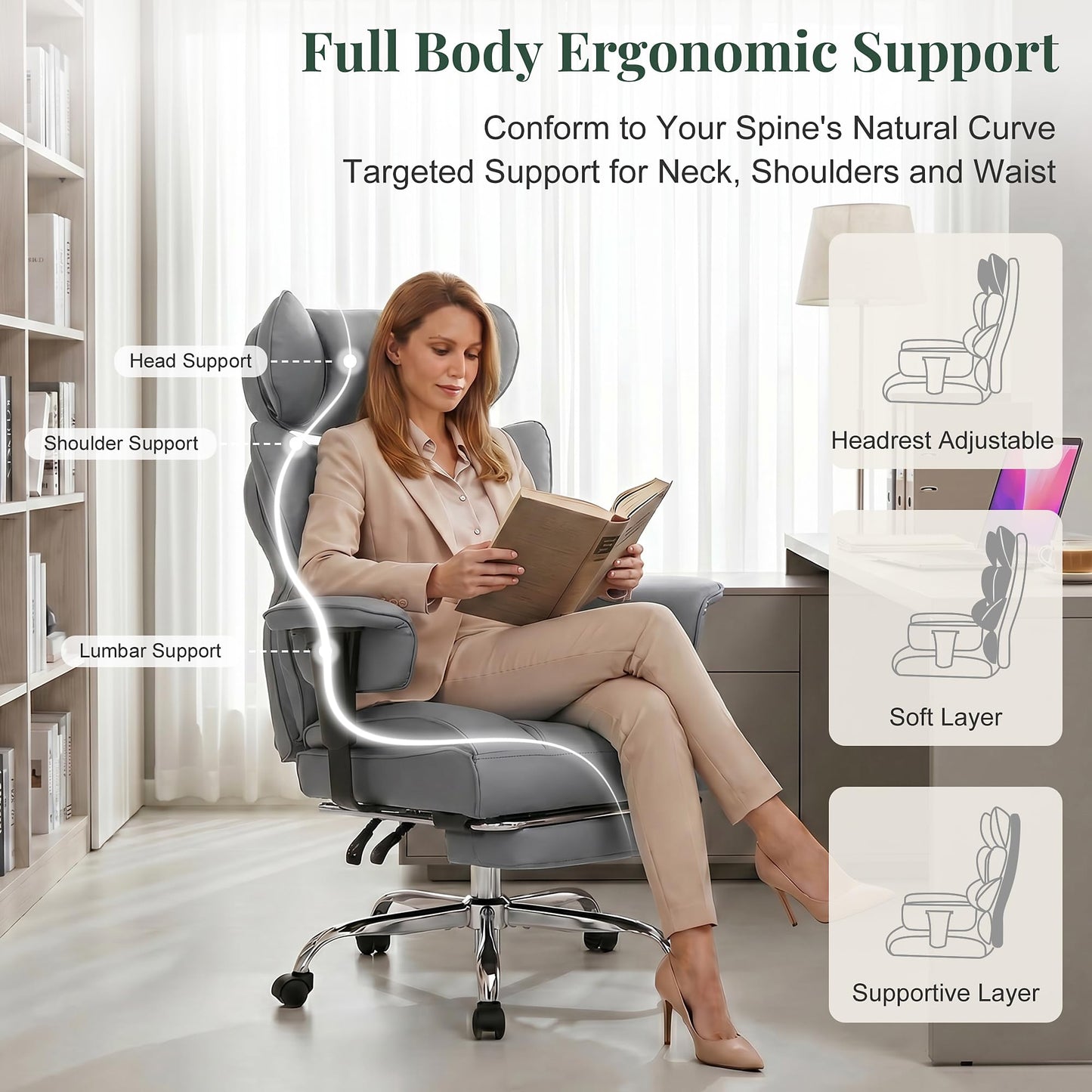HAPPYMONT Big and Tall Ergonomic Office Chair,350 lbs,High Back Reclining PU Leather Gaming Chair with Footrest, Adjustable Armrests, Lumbar Support, Executive Desk Chair for Home Office, Grey