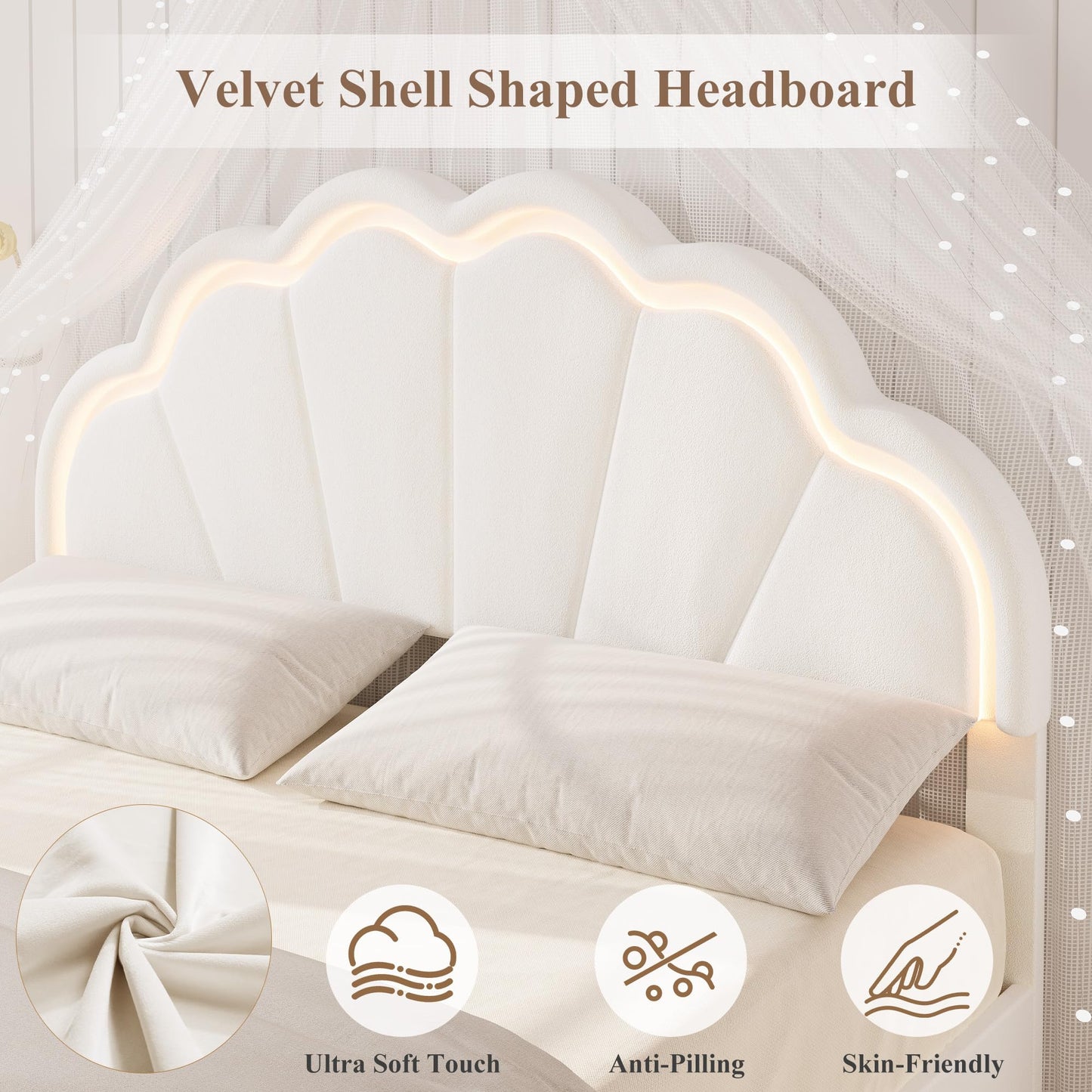 Garvee Queen Bed Frame, Velvet Platform Bed Frame with Adjustable Seashell Headboard and LED Light, Under Bed Storage, No Box Spring Needed, White