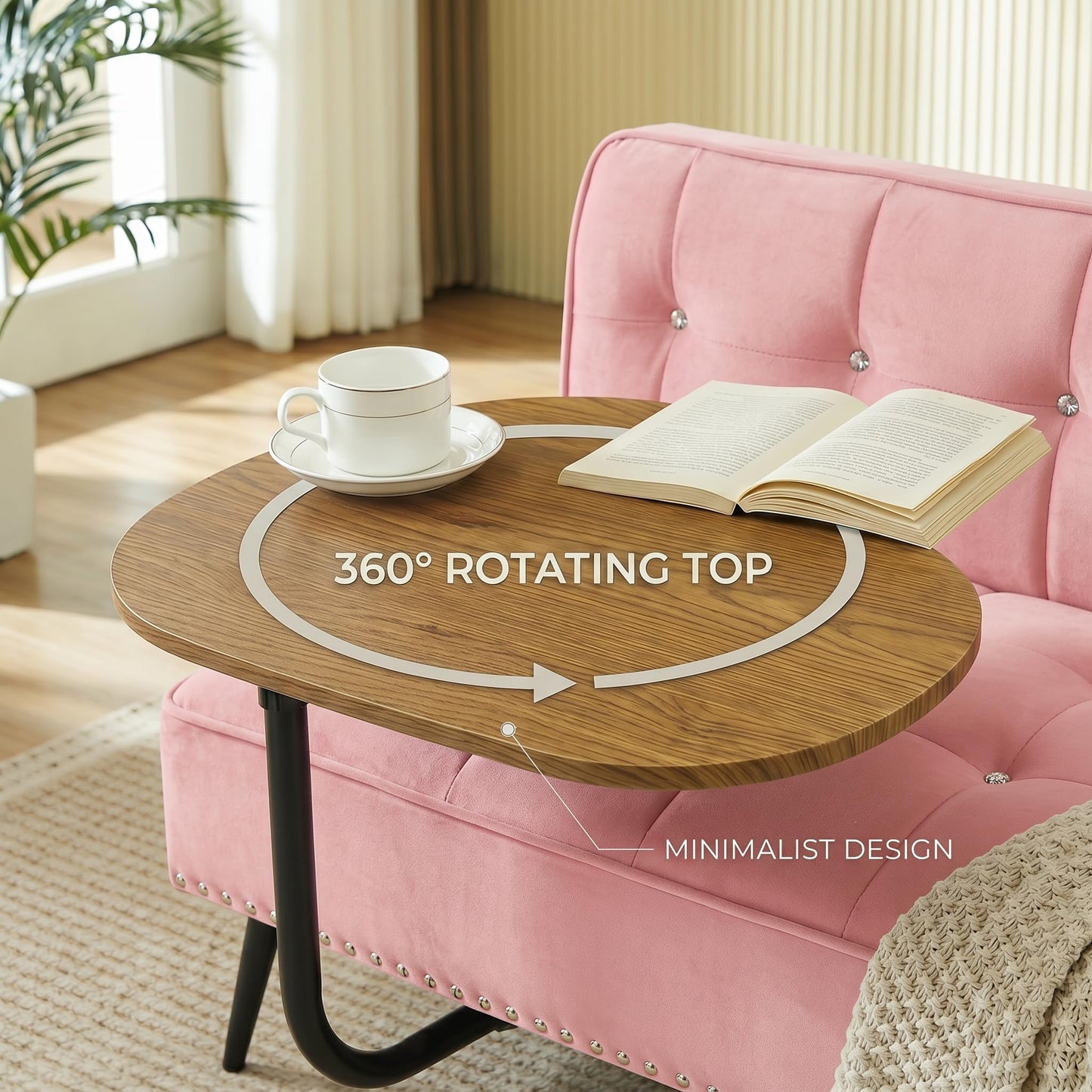 Trygoal Velvet Loveseat Sofa Couch, Futon Sofa Couch with 360° Swivel Side Table, Small Couches with Backrest and Foam Cushion for Small Spaces, Entryway Bench, Apartment, Bedroom, Pink