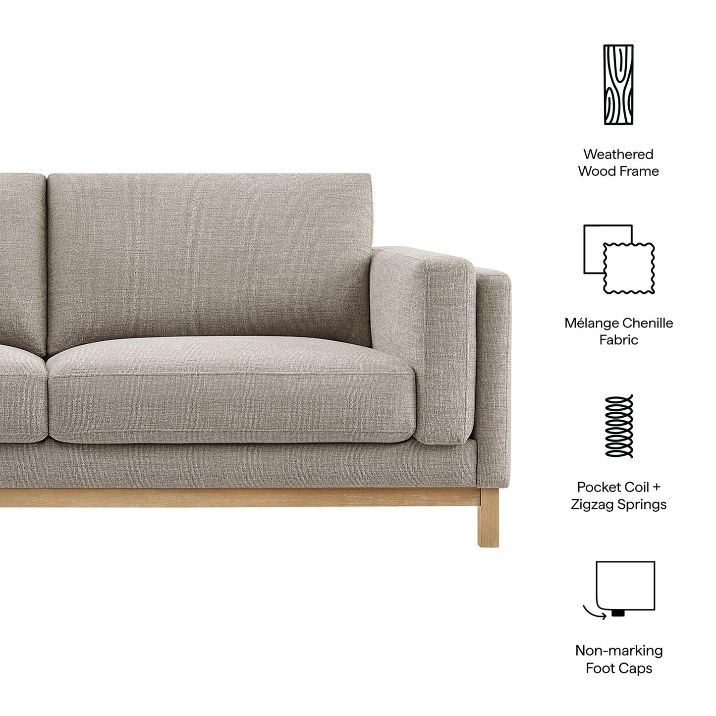 Modway Roscoe 81 Inch Fabric Sofa in Pewter - Comfortable Upholstered Deep Seat Couch for Living Room, Apartment, or Office Seating
