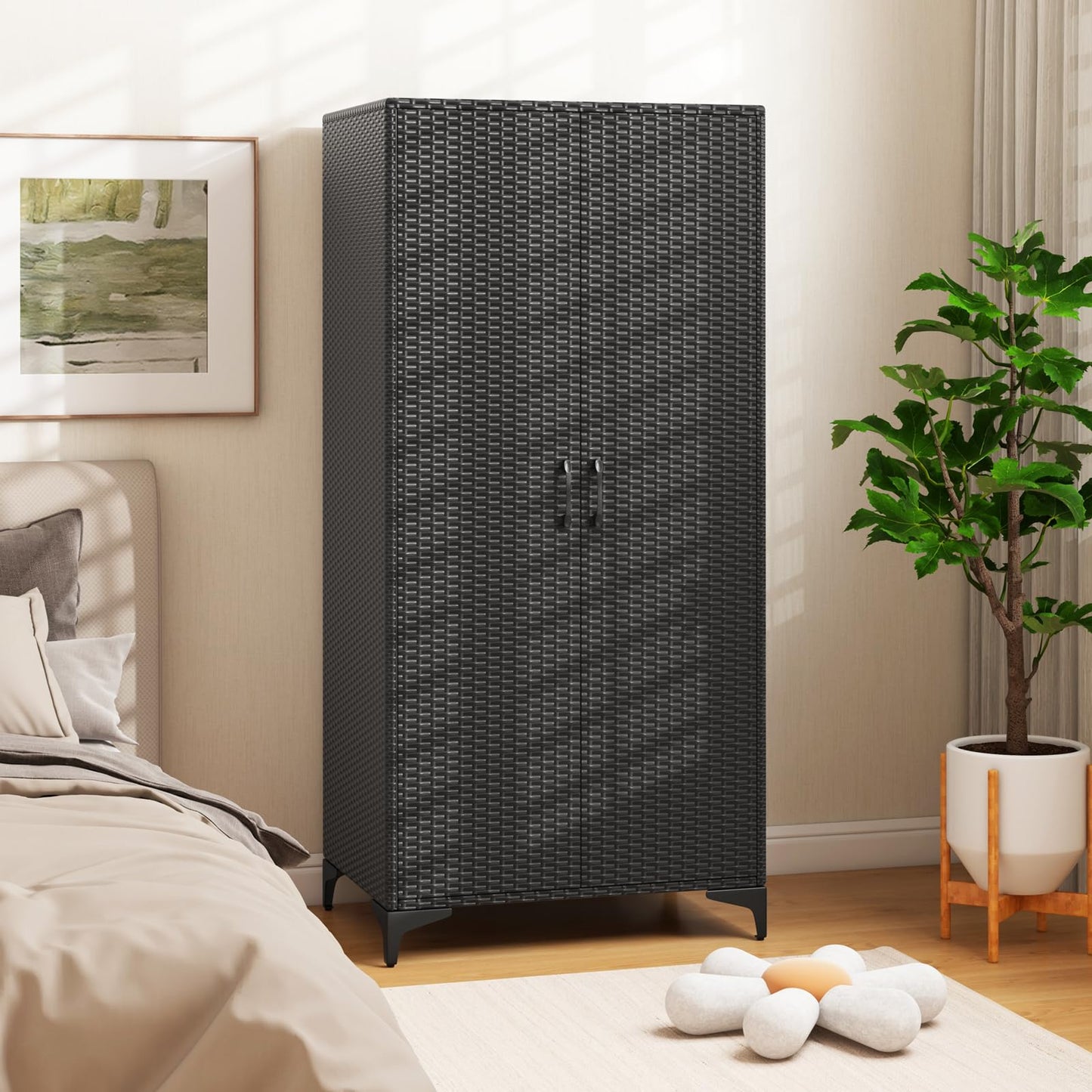 Giantex Wicker Storage Cabinet, 62” Tall Pantry Cabinet with 2 Doors, Hanging Rod, 4 Storage Cubes, Metal Legs, Anti-Tipping Device, PE Rattan Storage Cabinet for Home Office, Garage Cabinets (Black)