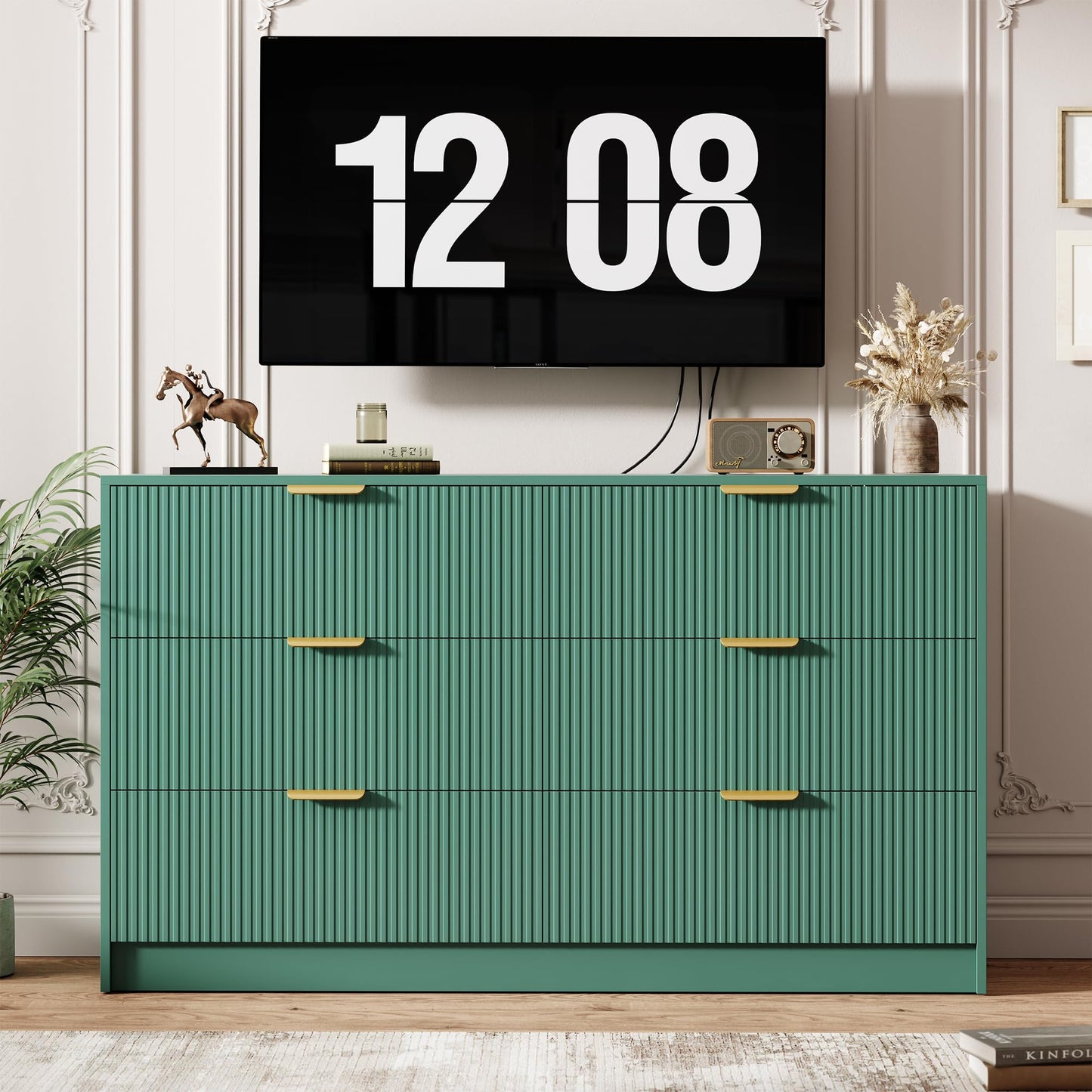 Garvee 6 Drawers Dresser for Bedroom - 54" Wide Modern Fluted Double Chest of Drawers with Golden Metal Handles, Large TV Stand Multi-Function Home Organizer for Living Room, Entryway, Hallway, Green