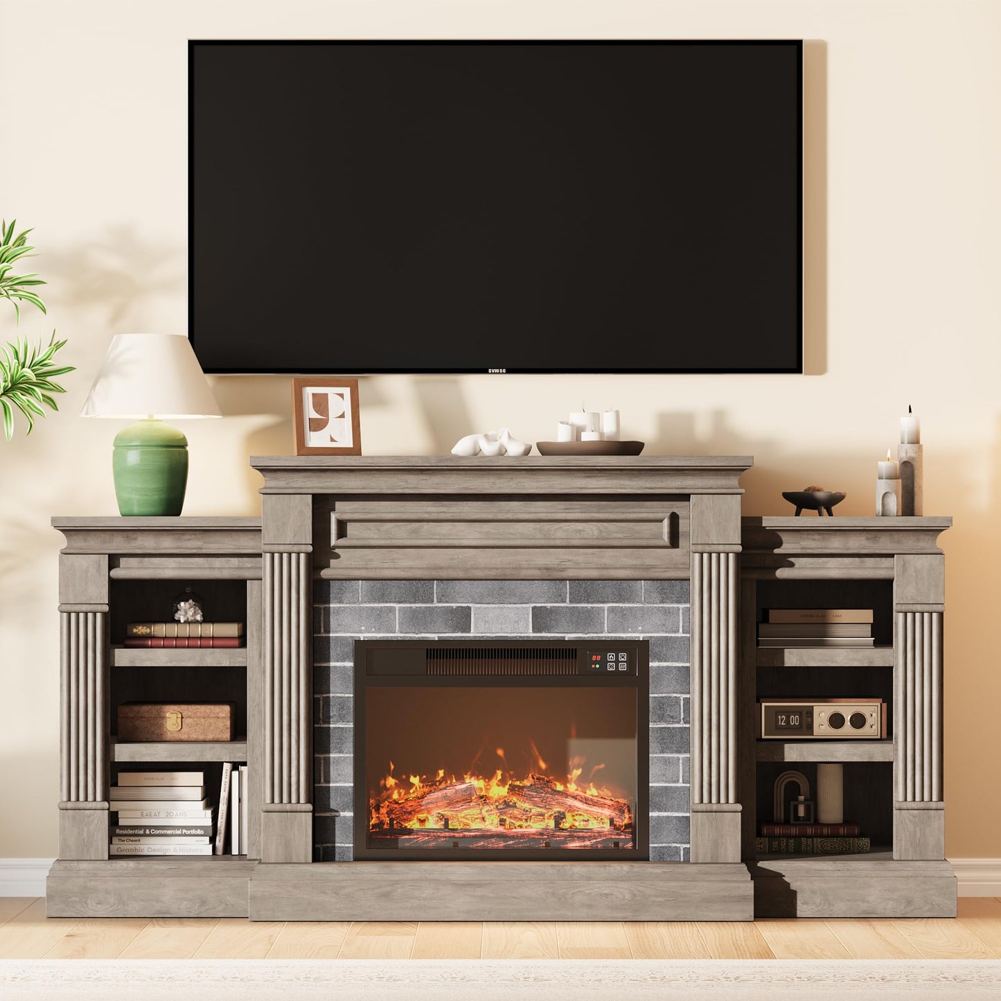 GAOMON 71 Inch Fireplace TV Stand, Wooden Entertainment Center with 23 Inch Electric Fireplace, 3D Realistic Flame, Farmhouse Media Console with Storage Cabinets for Living Room, White+Brow