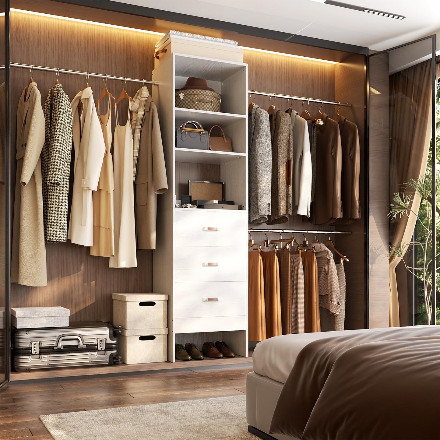 Besiost 96'' Closet Organizer System with 3 Hanging Rods, 8FT Closet Organizers and Storage with 3 Wooden Drawers, Built in Closet Organizer Systems, Adjustable Walk-in Wardrobe from 5-8FT, White