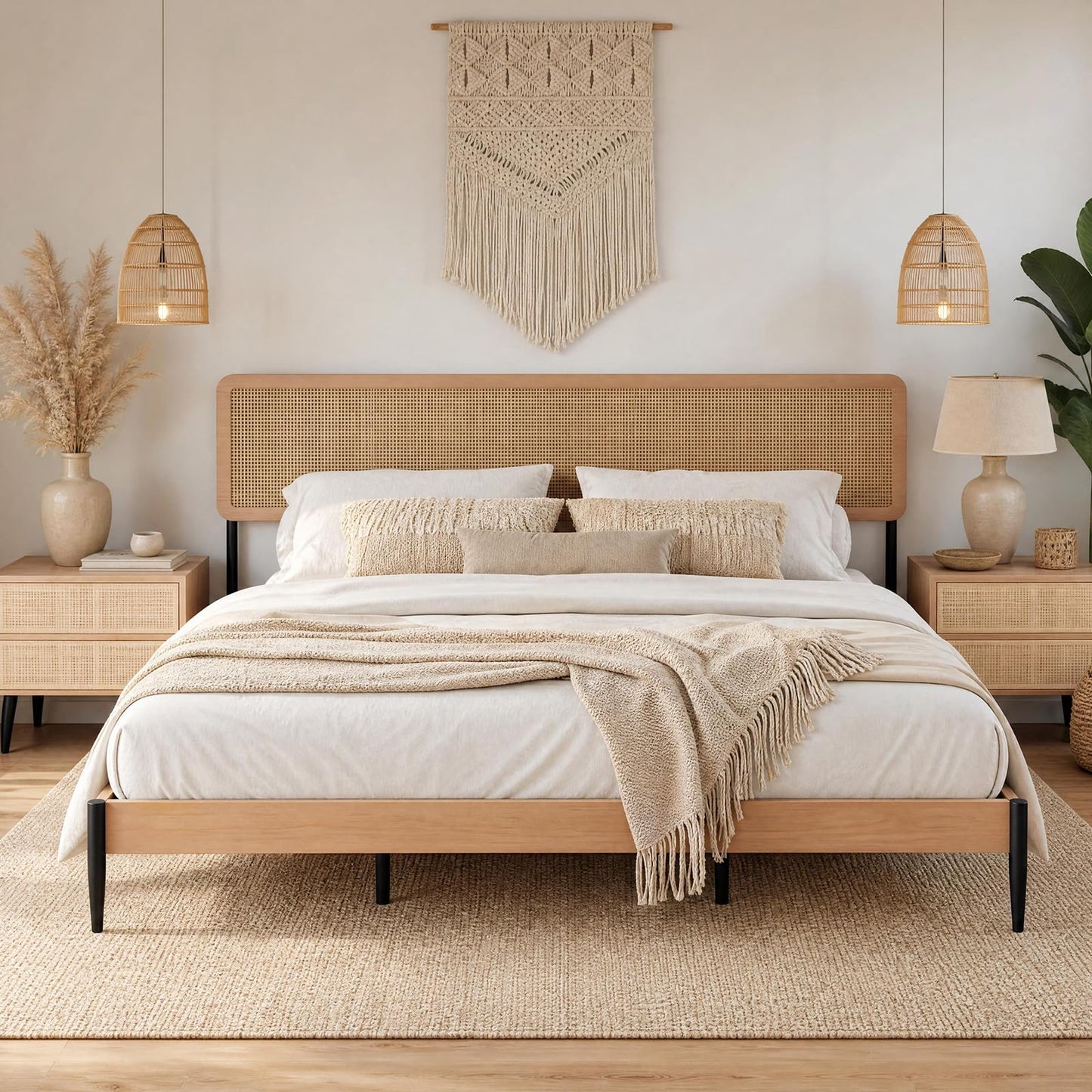 Rattan King Bed Frame with Headboard, Boho King Platform Beds, Natural Woven Rattan Headboard, Heavy Duty Slat Support Platform, No Box Spring Needed, Under Bed Storage, Noise Free, Easy Assembly