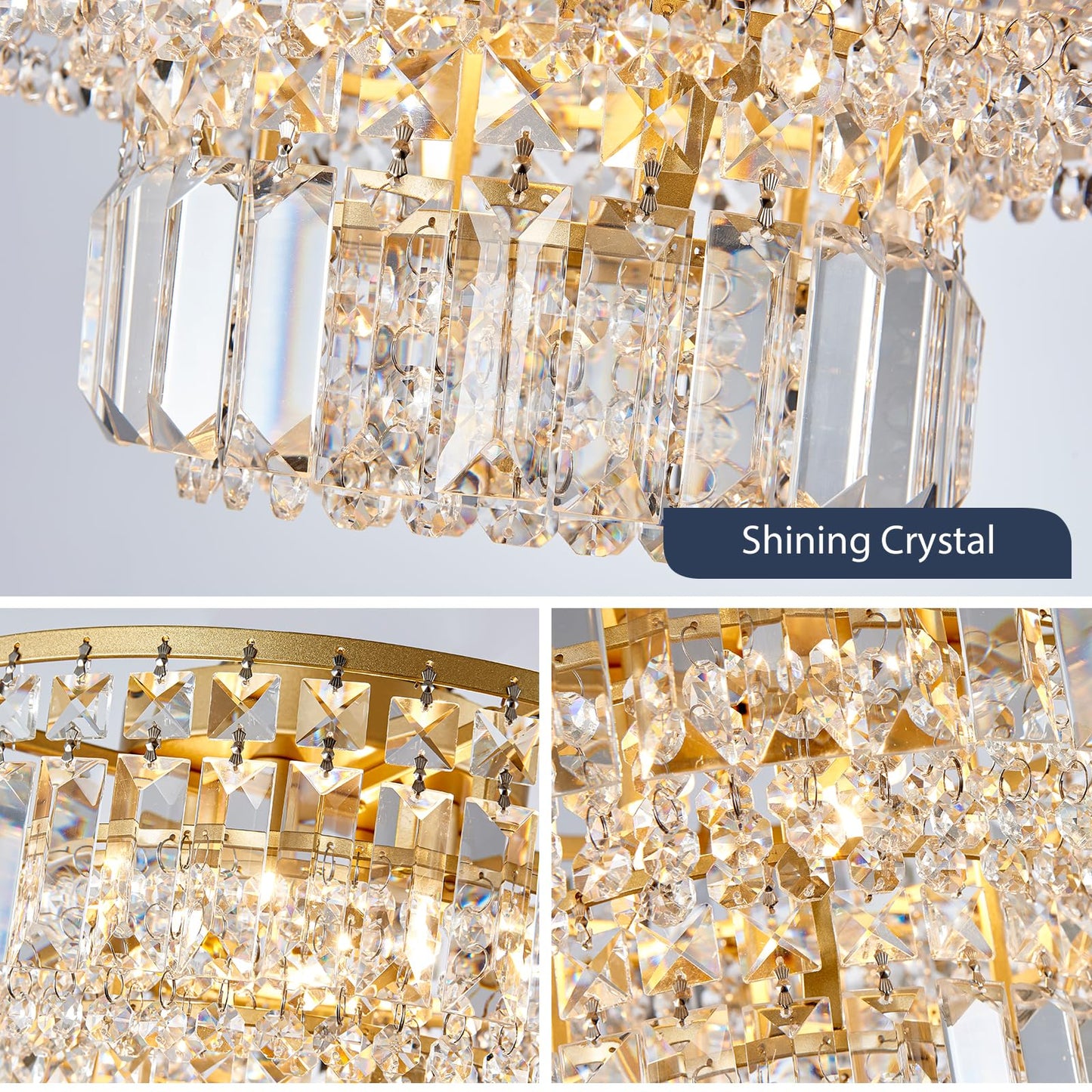 Bestier Modern Flush Mount Chandelier, Gold, LED Ceiling Light Fixture, 4 G9 Bulbs Required, 13in Diameter x 9in Height, Model AK-AJ-18176