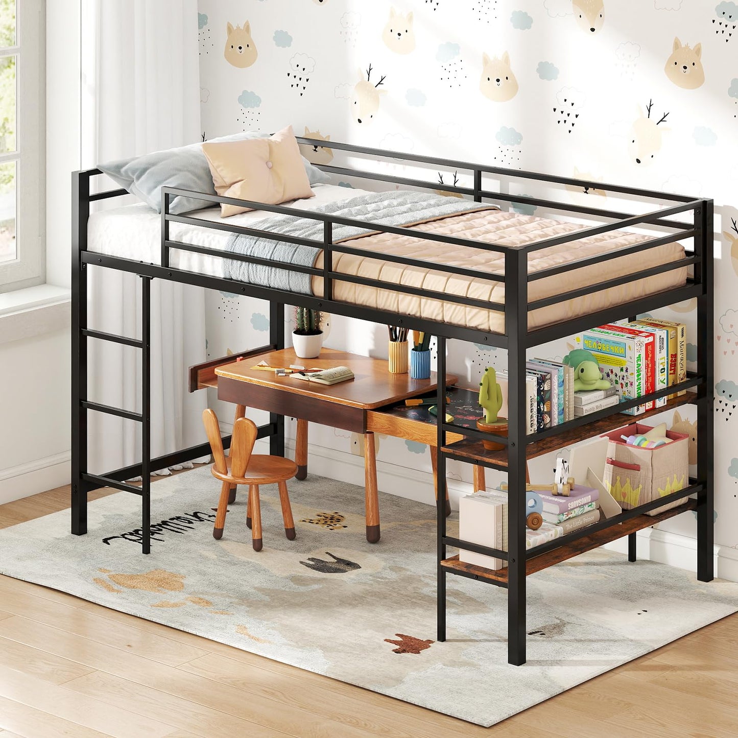 KOMFOTT Twin Size Metal Loft Bed w/Storage Shelves, Heavy Duty Metal Bed Frame w/Safety Guardrails & Ladder, Space-Saving Low Loft Bed for Kids Junior, Under-Bed Space, No Box Spring Needed (Black)