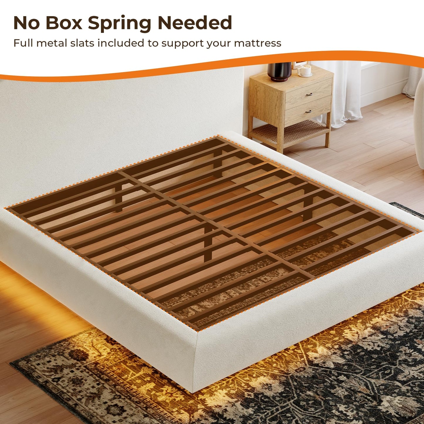 Hizyrina King Size Floating Cloud Bed Frame with 5" Thick Headboard & RGB LED Lights, Upholstered Platform Bed, Soft Rounded Corner, Metal Slat Support, Noise-Free, No Box Spring Needed, Beige