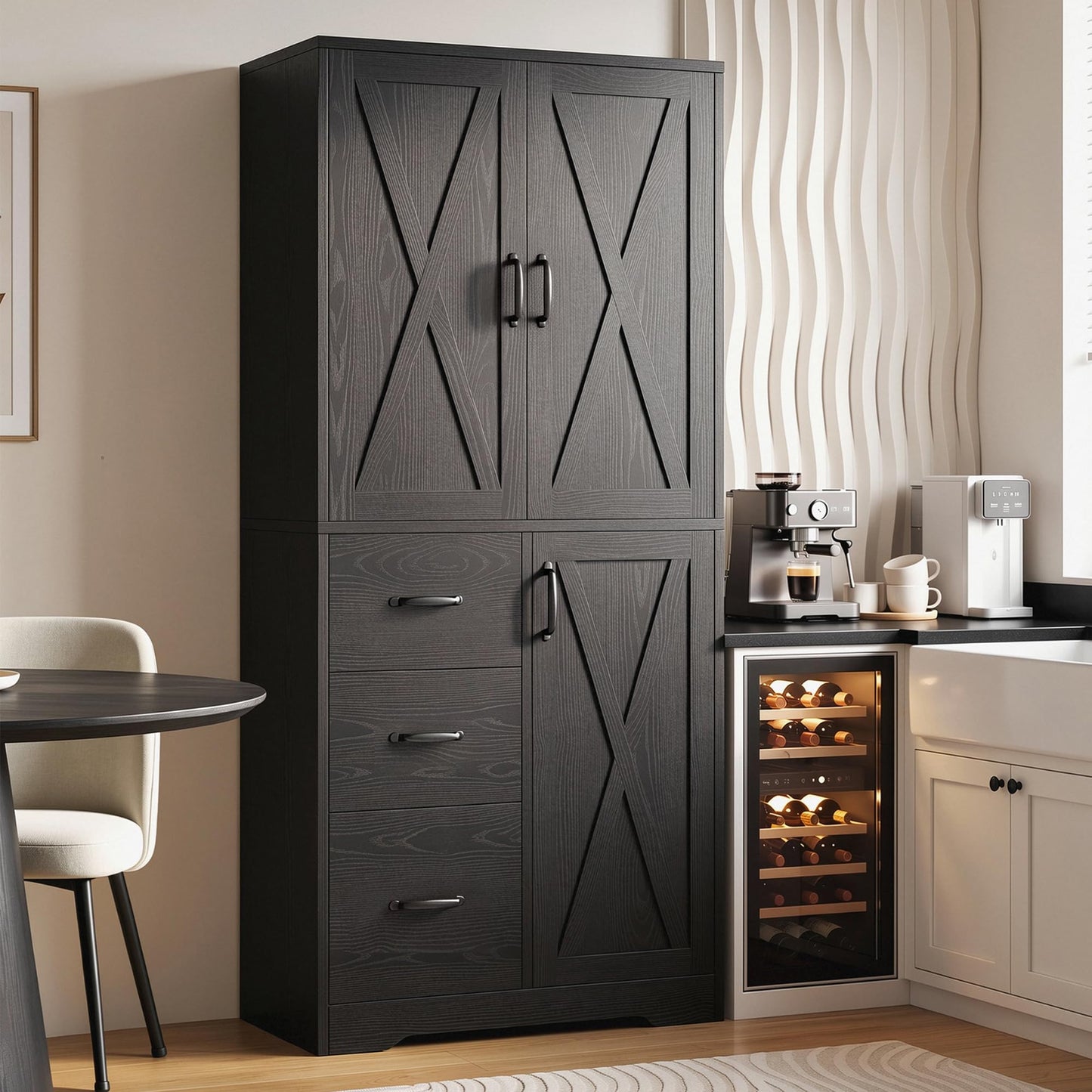 IRONCK Pantry Cabinet, 67.5 inch Tall Storage Cabinet with 3 Doors & Drawers, Farmhouse Kitchen Cabinet with Adjustable Shelves, 5 Tier Freestanding Cupboard for Kitchen, Black