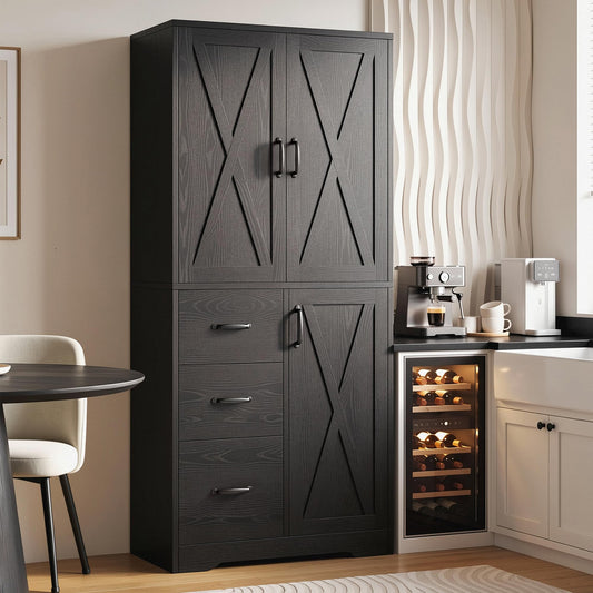 IRONCK Pantry Cabinet, 67.5 inch Tall Storage Cabinet with 3 Doors & Drawers, Farmhouse Kitchen Cabinet with Adjustable Shelves, 5 Tier Freestanding Cupboard for Kitchen, Black
