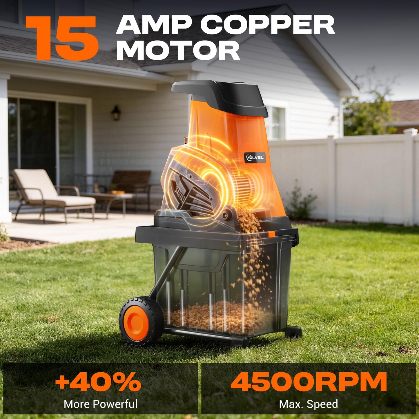 SILVEL Wood Chipper Shredder,1800W Cutting Diameter of 1.77 inch with 10 Gallon Large Collection Bin, 15-Amp Electric Wood Chipper Shredder for Fast Cleanup, Ideal for Branches, Garden Waste