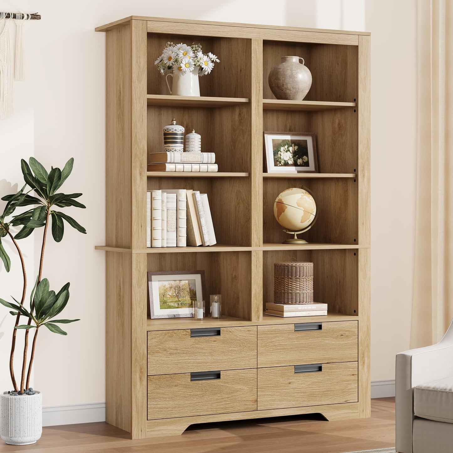 72" Tall Bookshelf with 4 Drawers, Farmhouse 6-Tier Double Wide Bookshelves and Bookcases with Storage, Freestanding Bookshelf Large Open Book Shelf for Home Offices, and Living Rooms