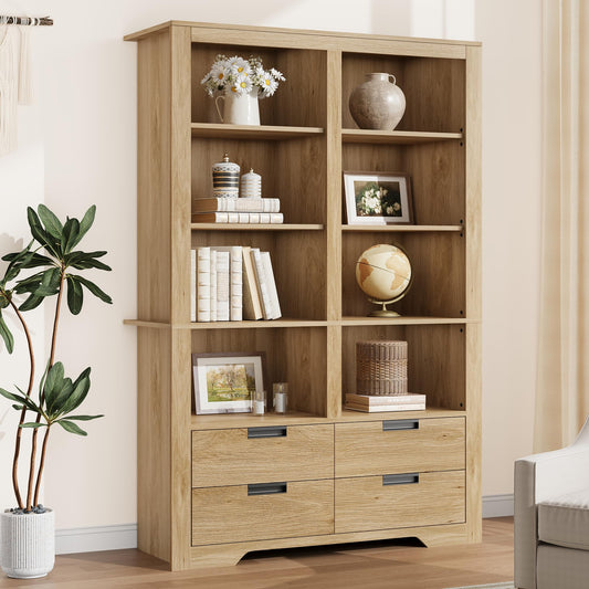 72" Tall Bookshelf with 4 Drawers, Farmhouse 6-Tier Double Wide Bookshelves and Bookcases with Storage, Freestanding Bookshelf Large Open Book Shelf for Home Offices, and Living Rooms