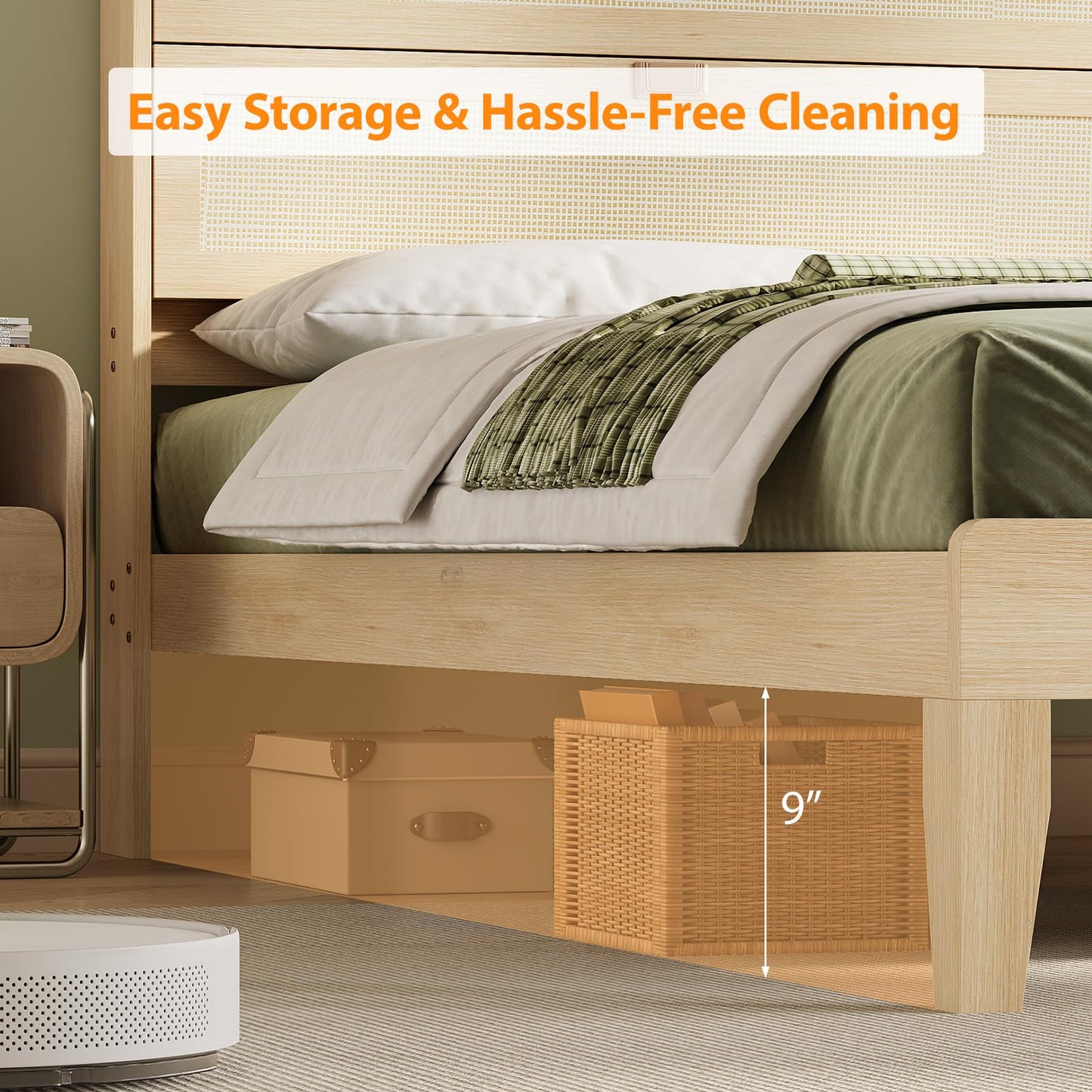 VINGLI Full Size Platform Bed Frame with Storage Headboard and Charging Station, Modern Rattan Wood Bed with Shelves,Space Saving Bed Frame for Bedroom or Guest Room
