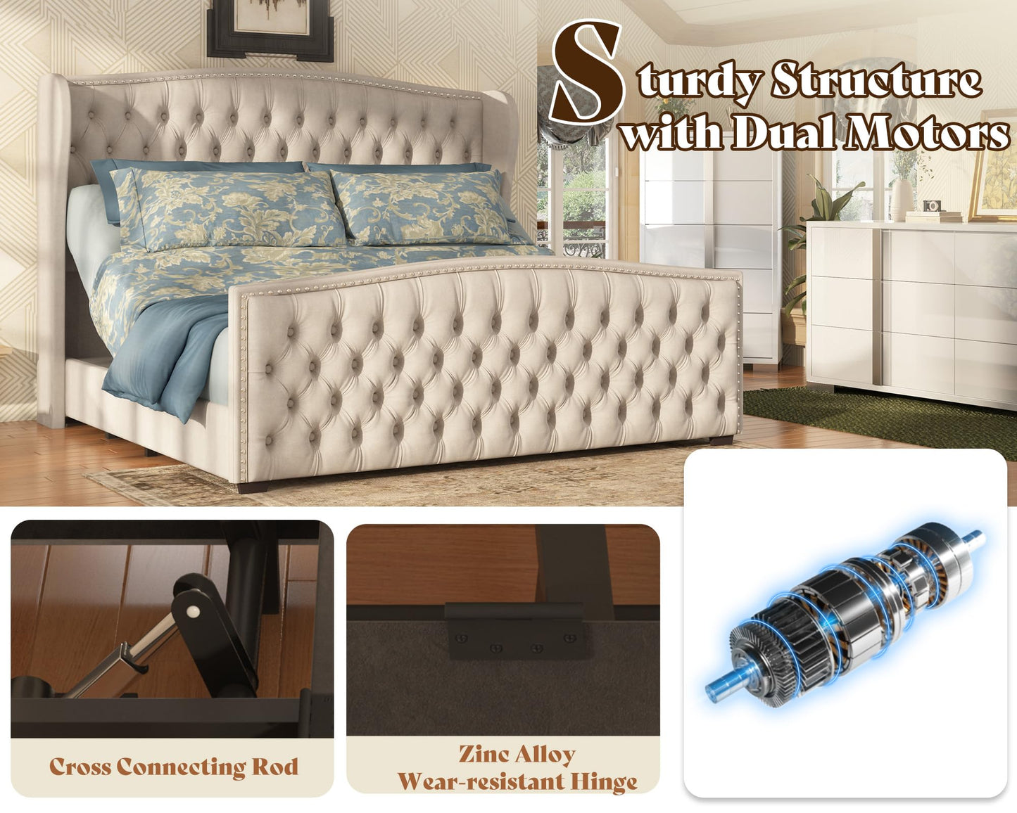 AMERLIFE King Size Adjustable Bed Frame with 51" H Velvet Upholstered and Deep Button Tufted Headboard, Electric Bed with Dual Motor/Nailhead Trim Wingback, No Box Spring Needed, Cream