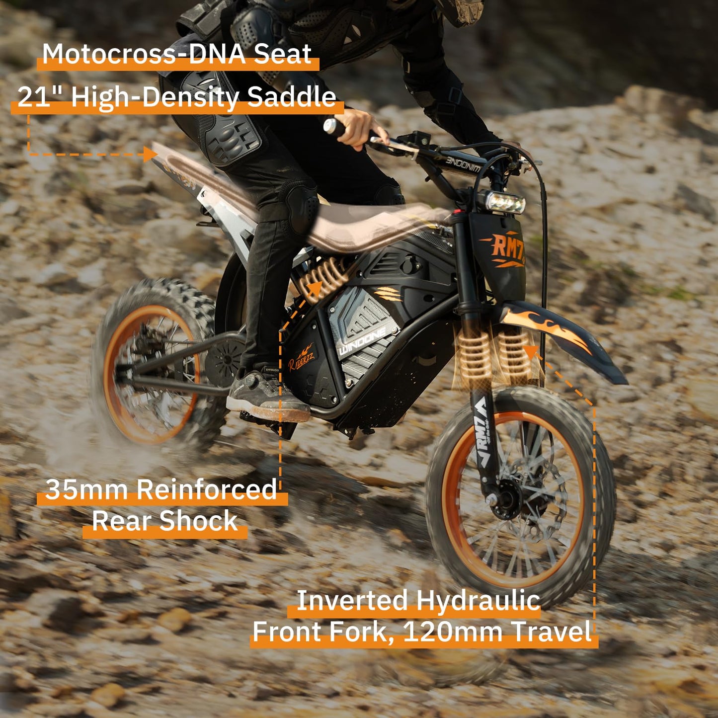 WindoneRide RM7 Electric Dirt Bike for Adults & Teens, 2200W Peak Ebike, 48V 22.5Ah, 37 MPH, 45 Miles, 14"/12" Tire Off-Road Electric Motorcycle, Dual Hydraulic Brakes, Fit Age 13+,Signature Orange
