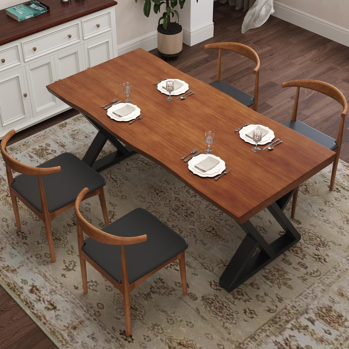 tiedingding 47" Solid Wood Dining Table, Rectangular Kitchen Table with Irregular Live Edge & Thick Tabletop, X-Shape Metal Legs, Oil Proof & Easy Clean, Rustic Brown， for 2-4 People