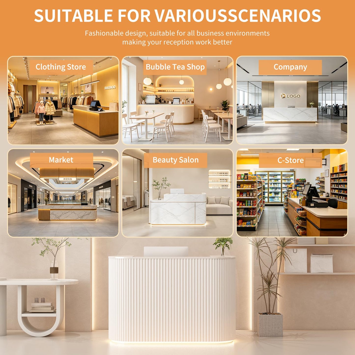 Reception Desk with Counter, 47 inch Modern Retail Counter, Reception Desk with LED Lights & Power Outlets for Checkout, Salons, Beauty Salon, Home Office