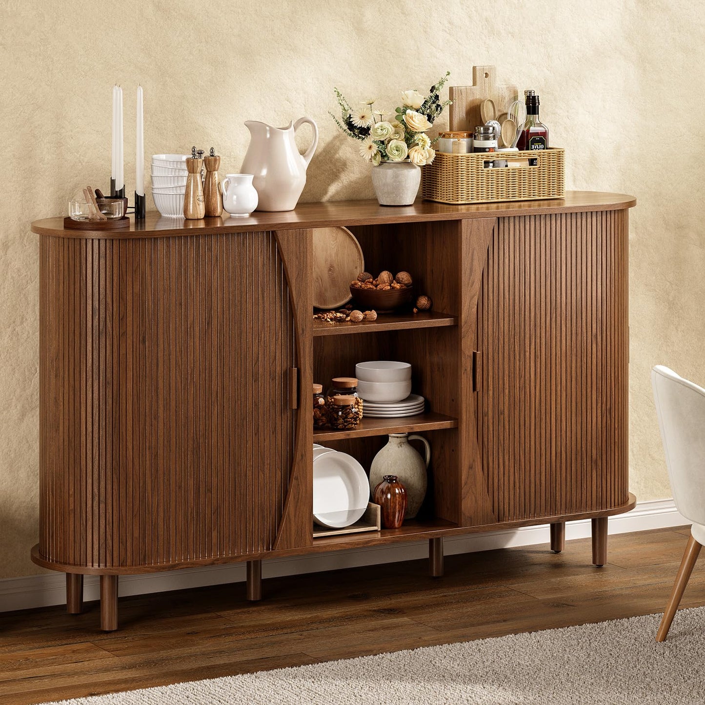 ONBRILL 59" Curved Buffet Cabinet with Storage, Sideboard Cabinet with Adjustable Shelves, Mid-Century Modern Buffet Cabinet with Sliding Doors and 6 Wood Legs, Storage Cabinet for Living Room, Walnut