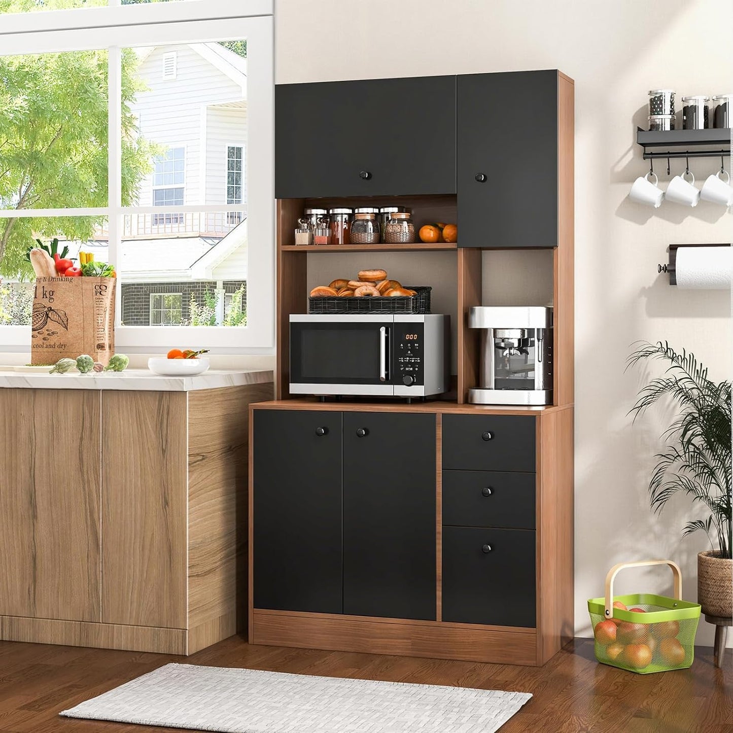 Nightcore Kitchen Pantry Storage Cabinet, 71" Freestanding Pantry with 3 Deep Drawers, Adjustable Shelves, Kitchen Hutch with Microwave Countertop for Dining Room, Living Room (Walnut & Black)
