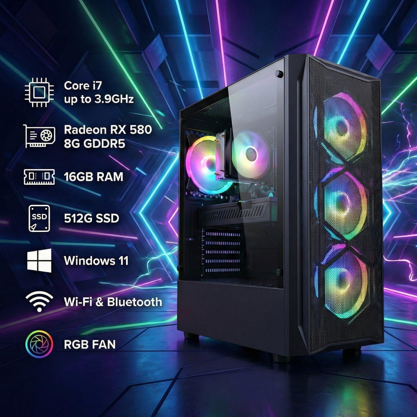 STGAubron Gaming PC Desktop, Intel Core i7 up to 3.9G, Radeon RX 580 8G, 16GB RAM, 512GB SSD, WiFi 6, BT 5.0, RGB Fan x 4, Windows 11 Home