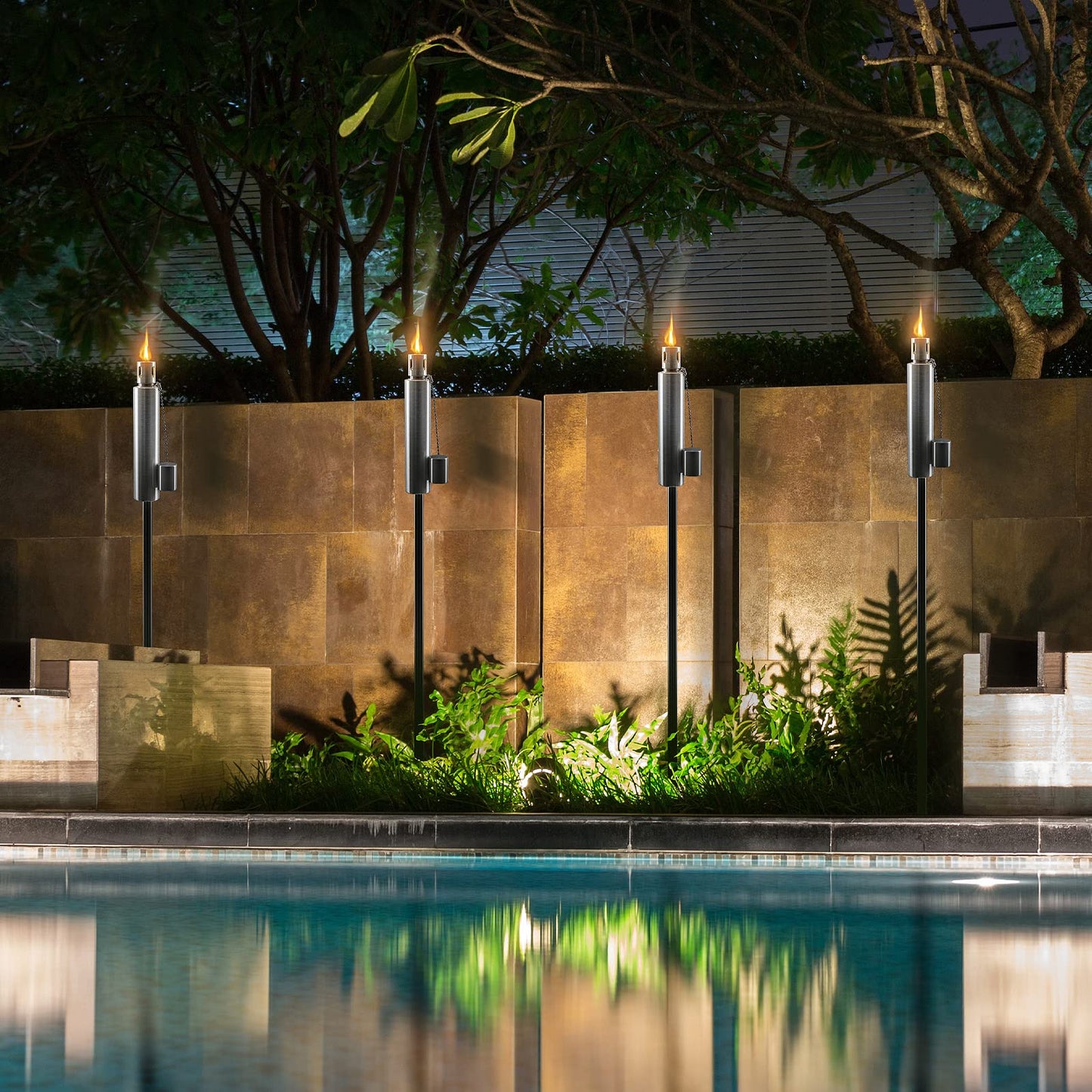 Matney Stainless Steel Outdoor Torches - 5 ft Oil Lamp Set of 4 - Fiberglass Wick & Snuffer Cap - Decorative Garden Lights