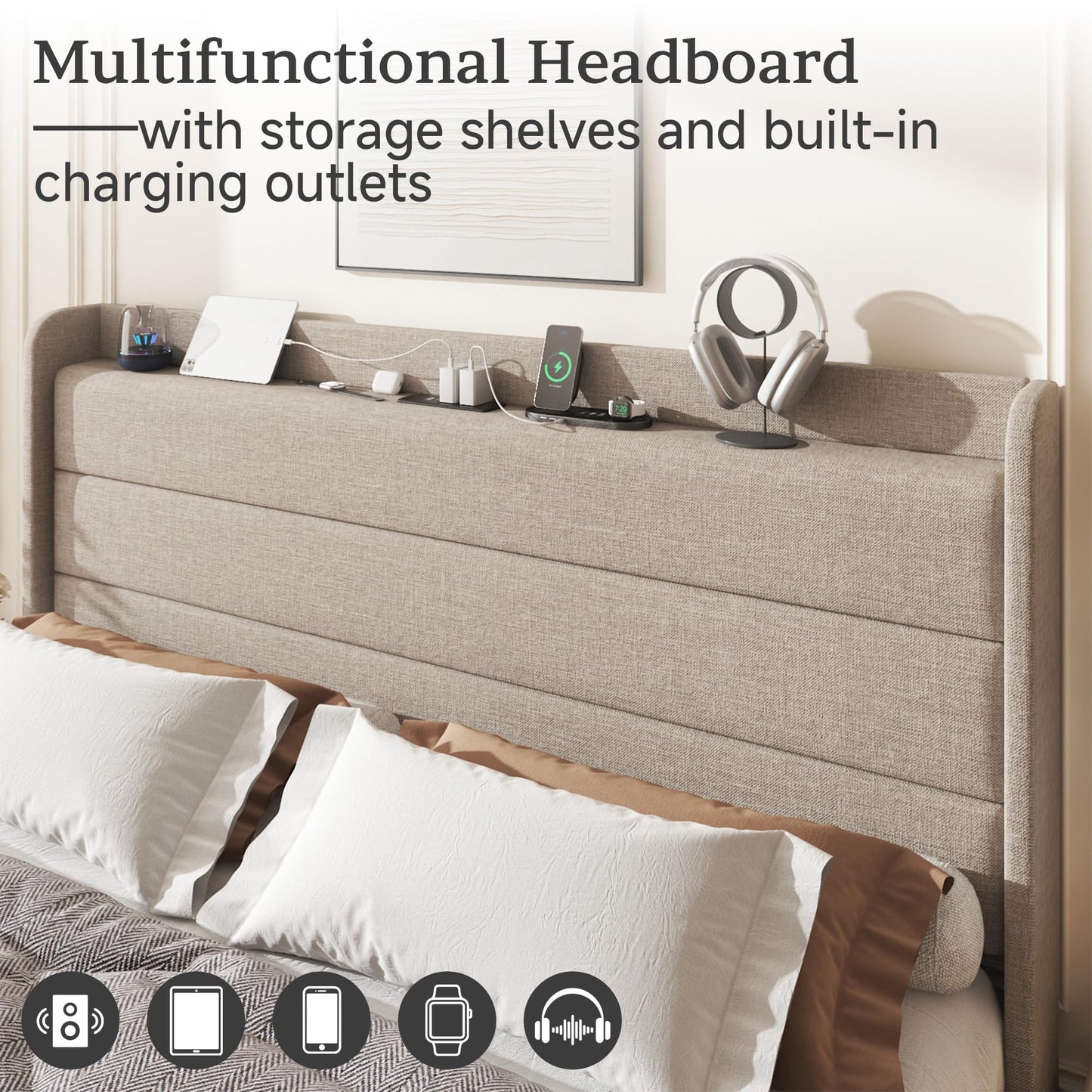 Lcwtvgxr King Size Linen Multifunctional Bed Frame, Wingback Headboard with Charging Station & Storage Shelf, Upholstered Platform Bed, Noise Free, No Box Spring Needed, Easy Assembly, Beige